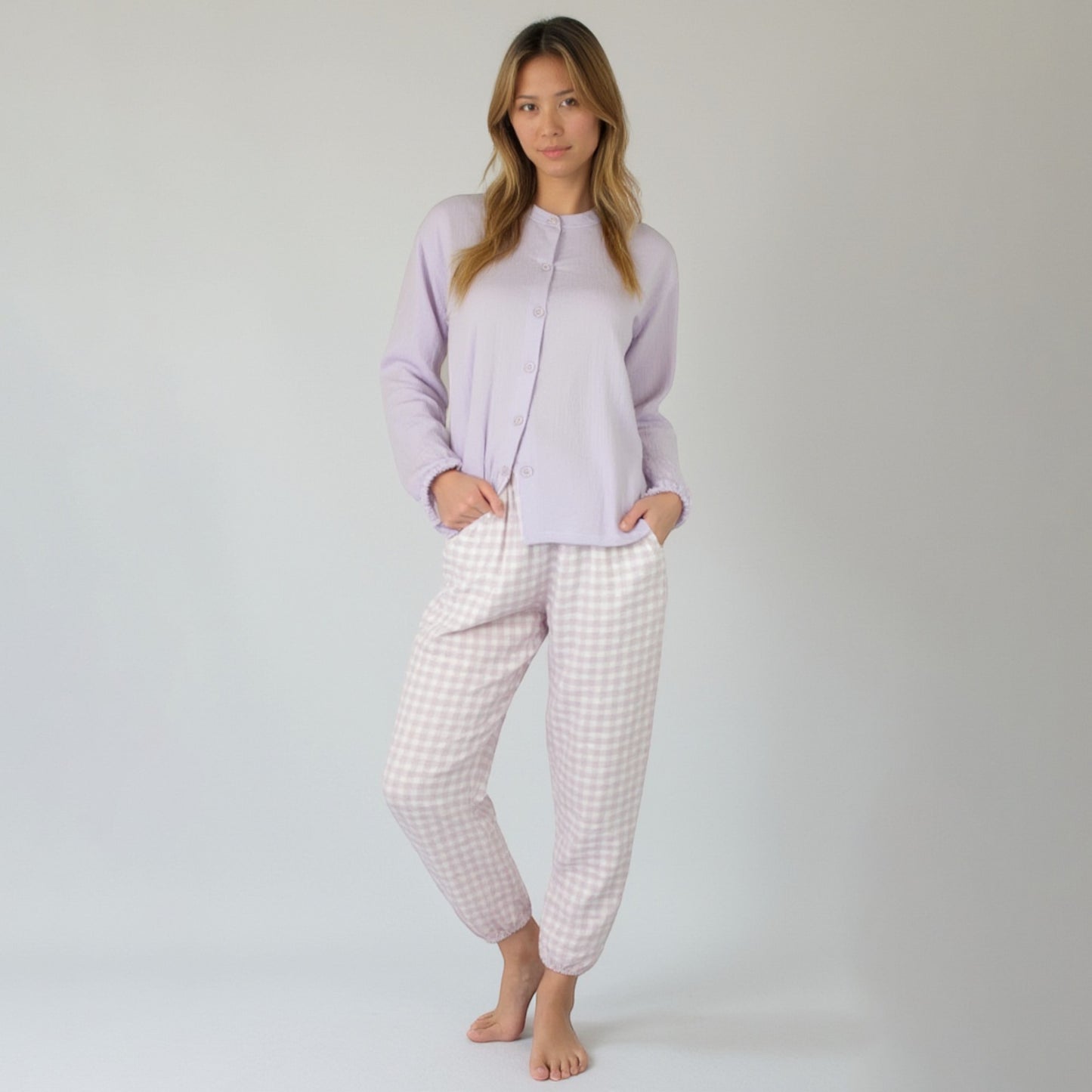 Anna-Kaci Women's Woven Pajama Set with Long Sleeve Button-Up Top Elastic Cuff Sleeves and Relaxed Gingham Print Lounge Pants