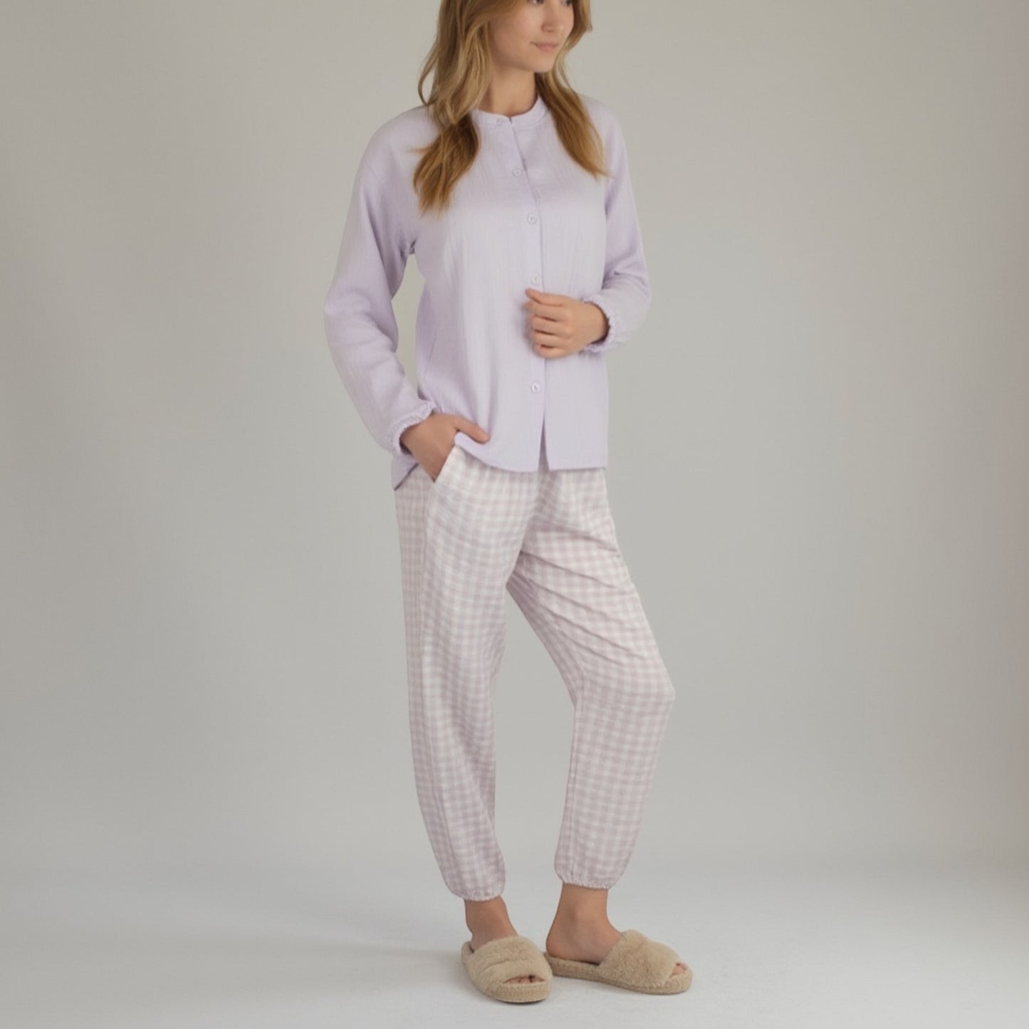 Anna-Kaci Women's Woven Pajama Set with Long Sleeve Button-Up Top Elastic Cuff Sleeves and Relaxed Gingham Print Lounge Pants