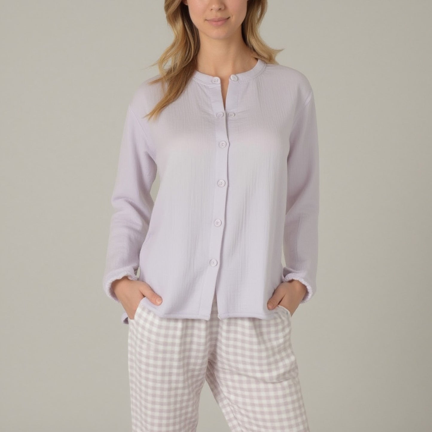 Anna-Kaci Women's Woven Pajama Set with Long Sleeve Button-Up Top Elastic Cuff Sleeves and Relaxed Gingham Print Lounge Pants