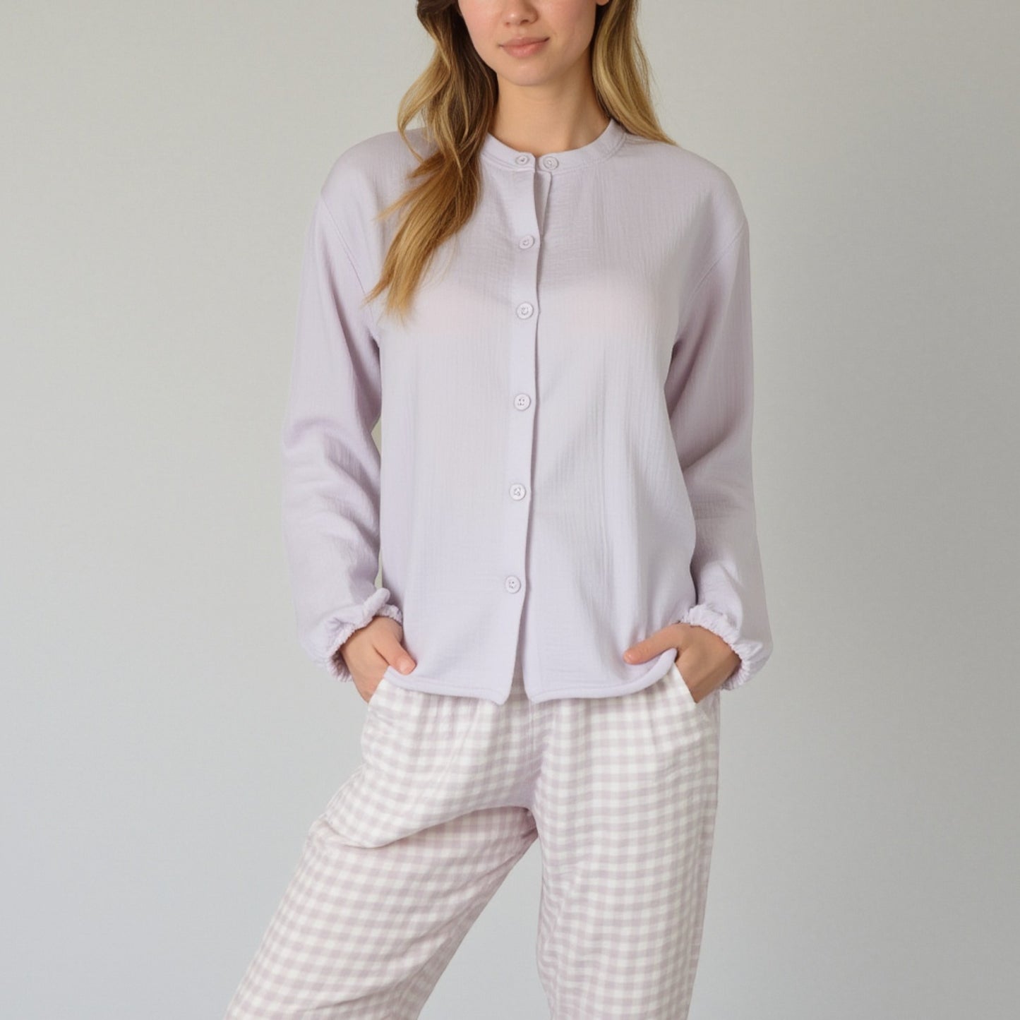 Anna-Kaci Women's Woven Pajama Set with Long Sleeve Button-Up Top Elastic Cuff Sleeves and Relaxed Gingham Print Lounge Pants