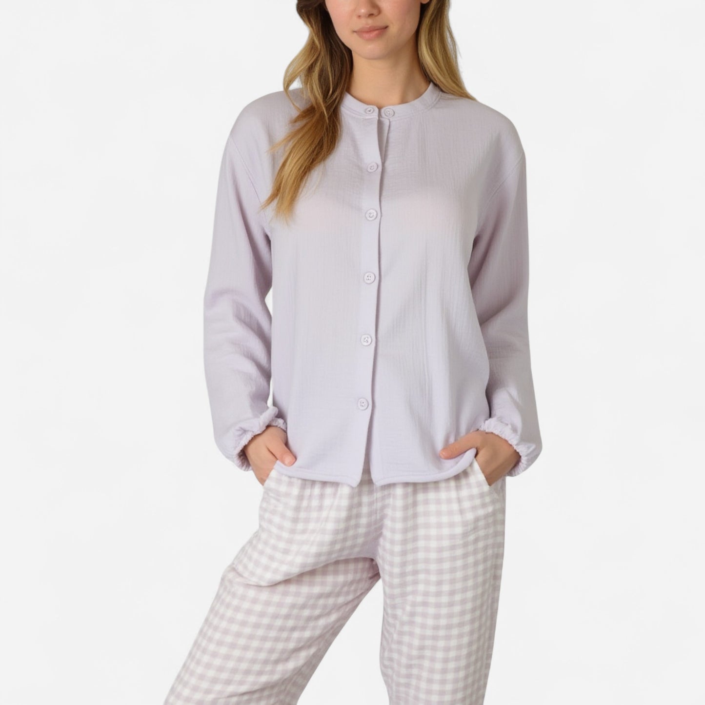 Anna-Kaci Women's Woven Pajama Set with Long Sleeve Button-Up Top Elastic Cuff Sleeves and Relaxed Gingham Print Lounge Pants