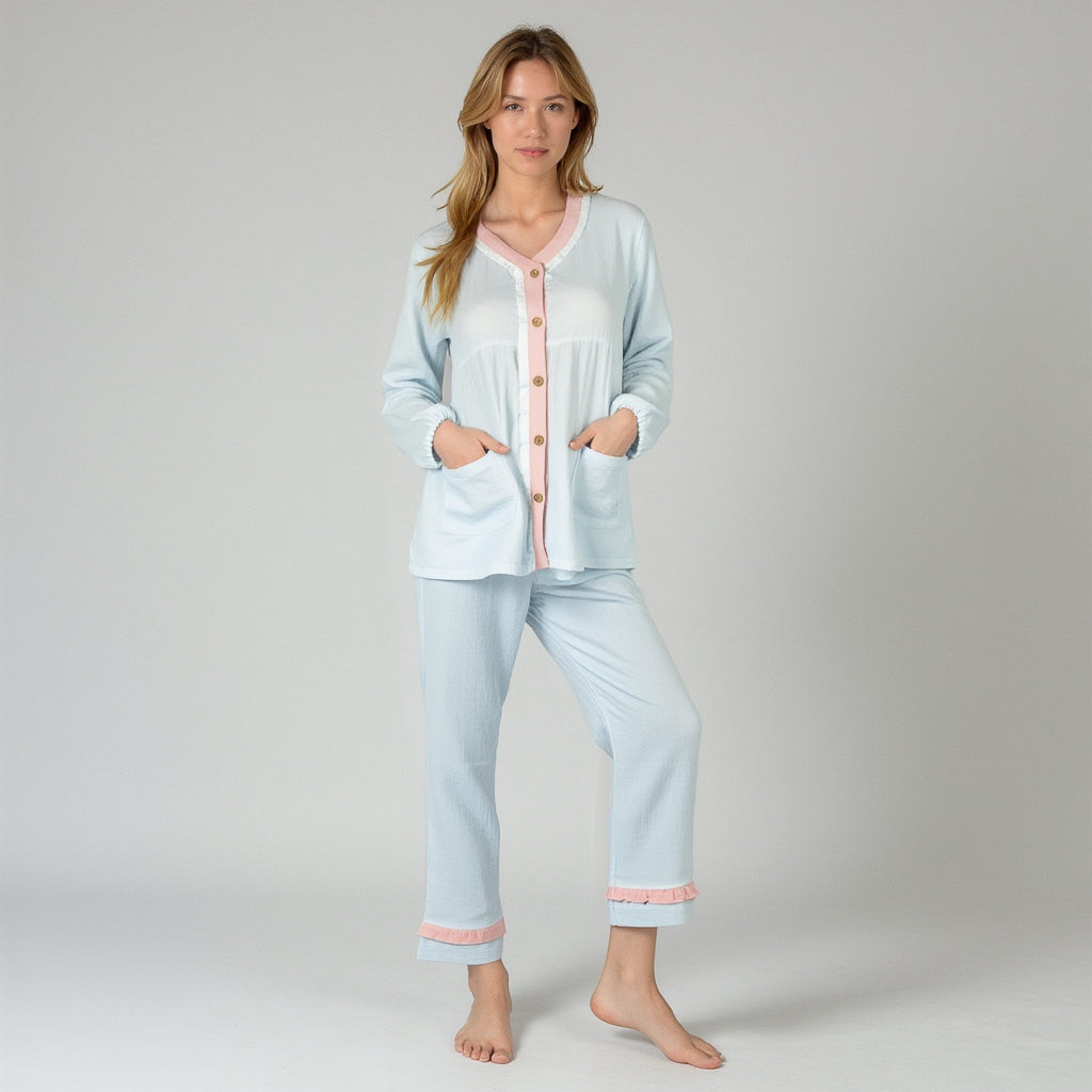 Anna-Kaci Lounge Women's Long Sleeve Button Up Pajama Set with Ruffle Trim and Front Patch Pockets