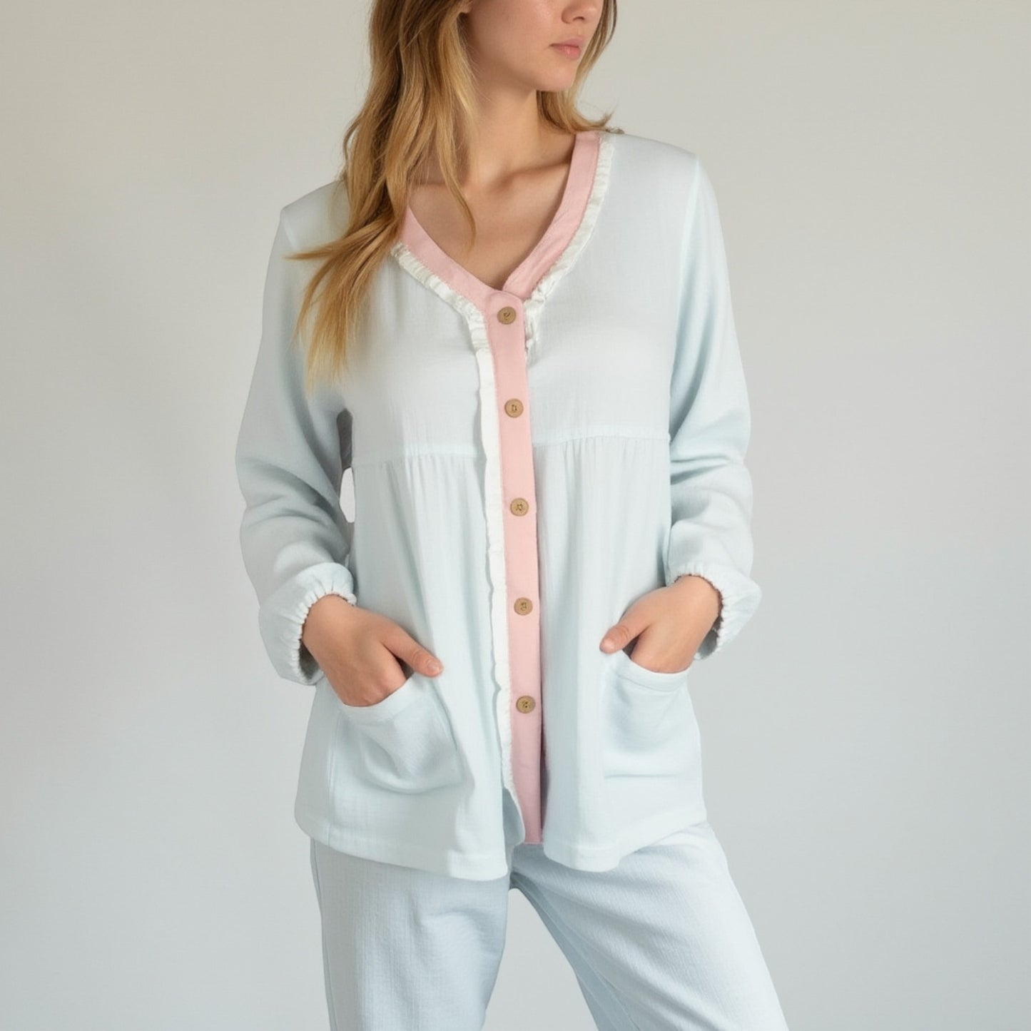 Anna-Kaci Lounge Women's Long Sleeve Button Up Pajama Set with Ruffle Trim and Front Patch Pockets