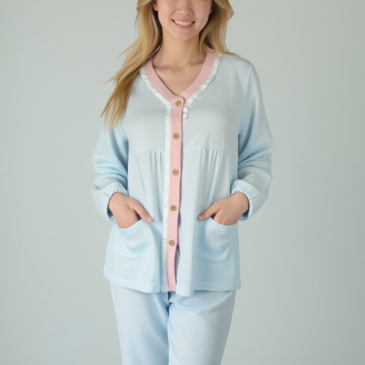 Anna-Kaci Lounge Women's Long Sleeve Button Up Pajama Set with Ruffle Trim and Front Patch Pockets