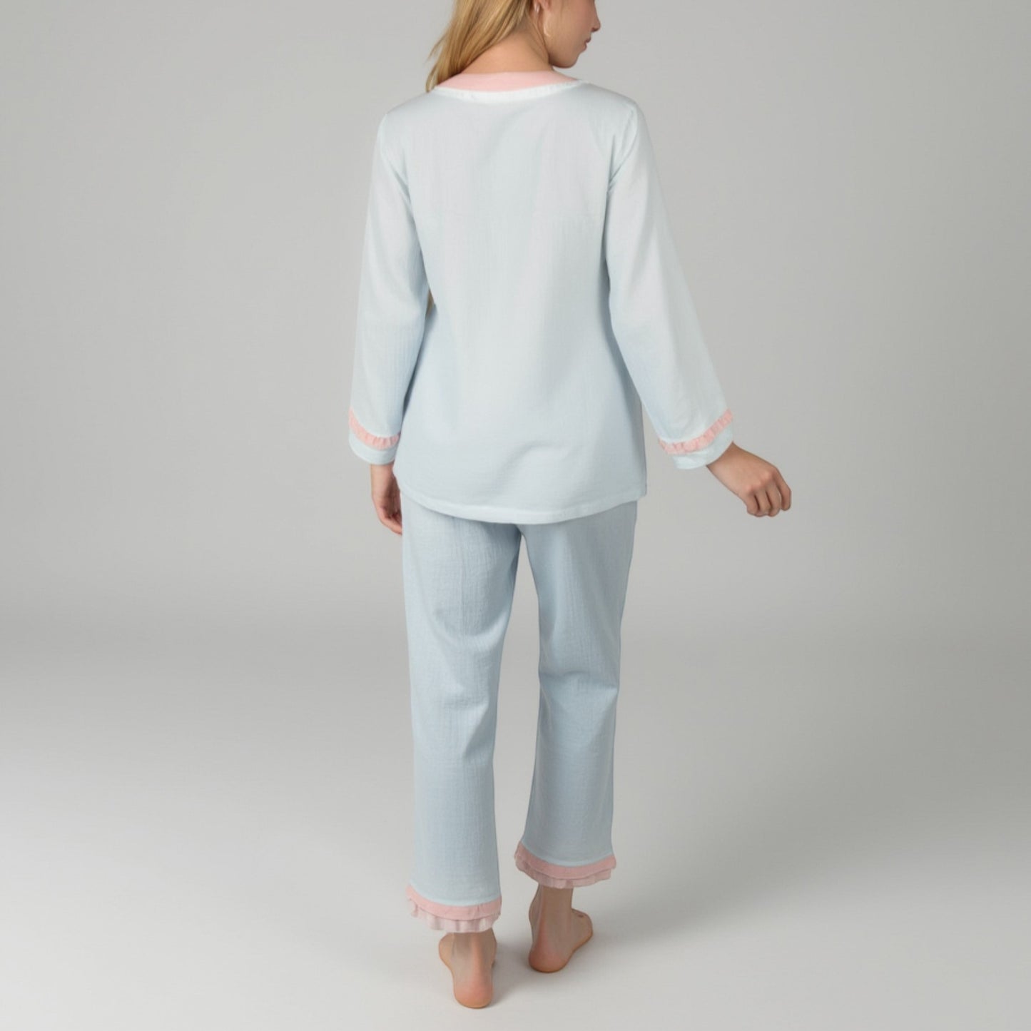 Anna-Kaci Lounge Women's Long Sleeve Button Up Pajama Set with Ruffle Trim and Front Patch Pockets