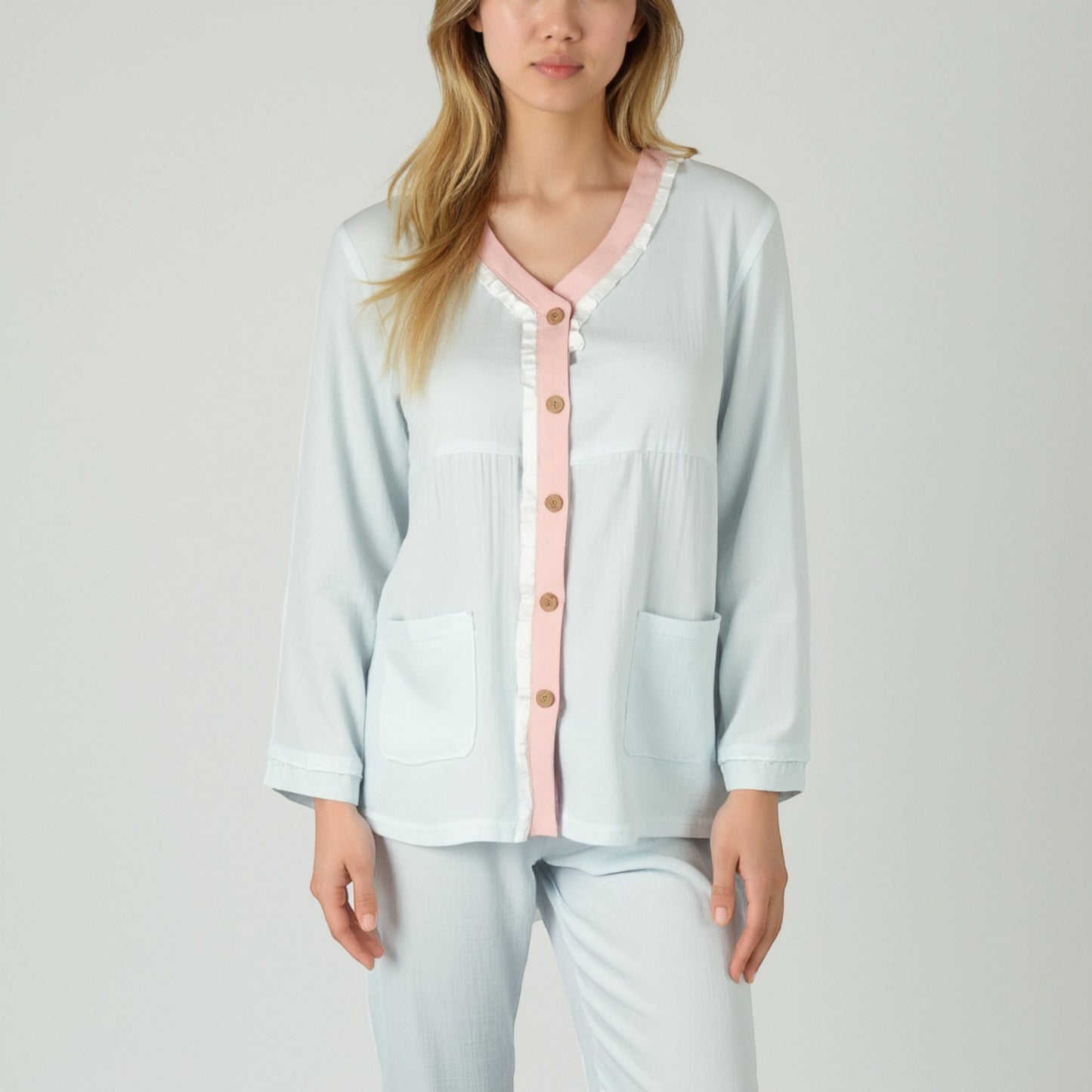 Anna-Kaci Lounge Women's Long Sleeve Button Up Pajama Set with Ruffle Trim and Front Patch Pockets