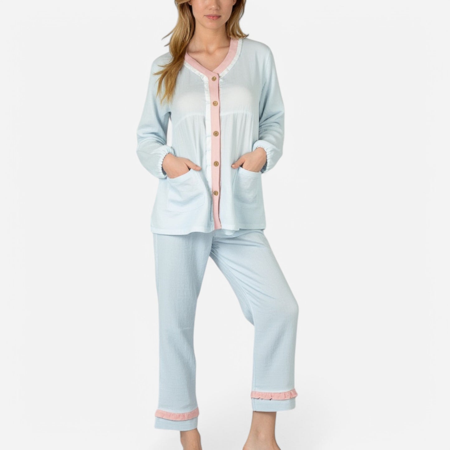 Anna-Kaci Lounge Women's Long Sleeve Button Up Pajama Set with Ruffle Trim and Front Patch Pockets