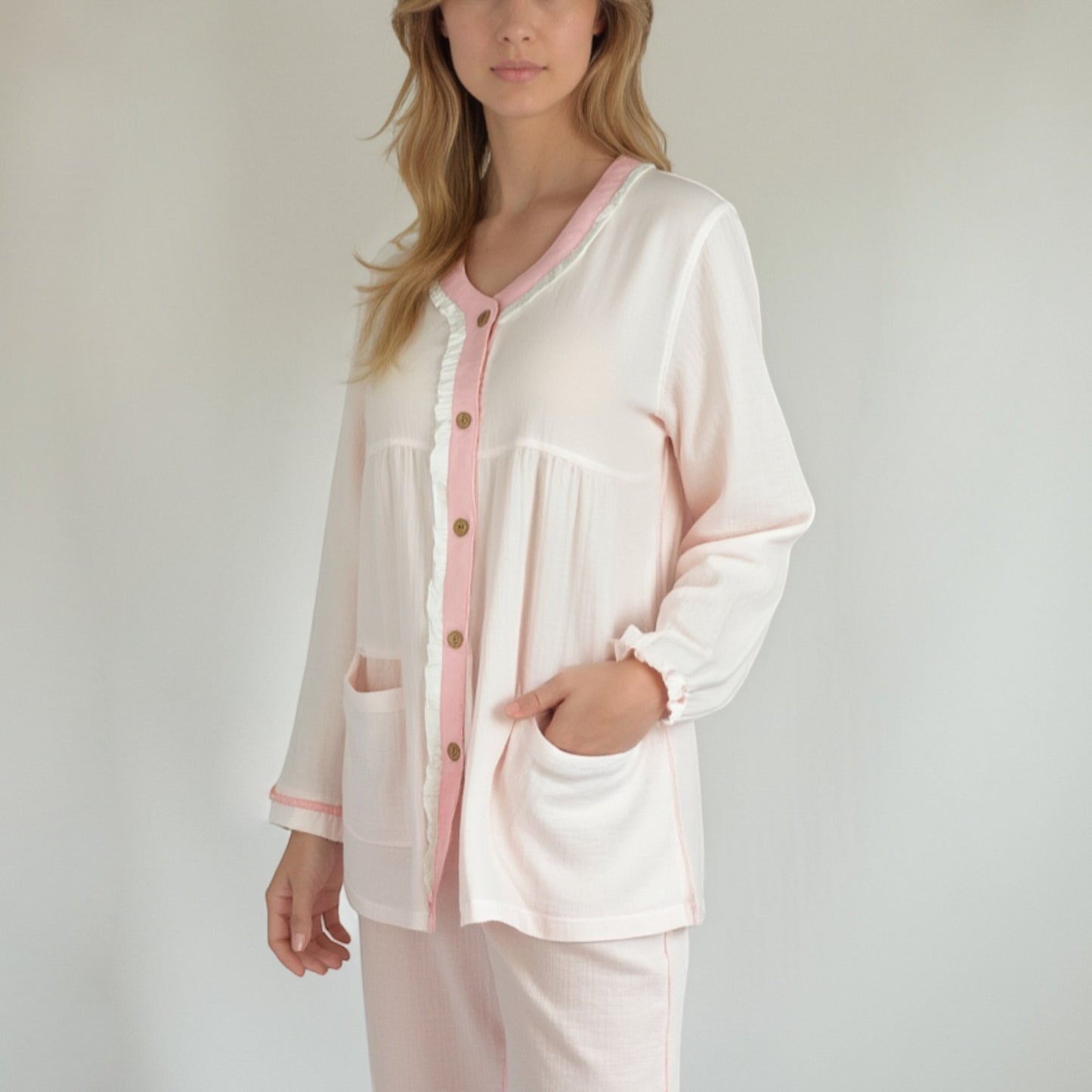Anna-Kaci Lounge Women's Long Sleeve Button Up Pajama Set with Ruffle Trim and Front Patch Pockets