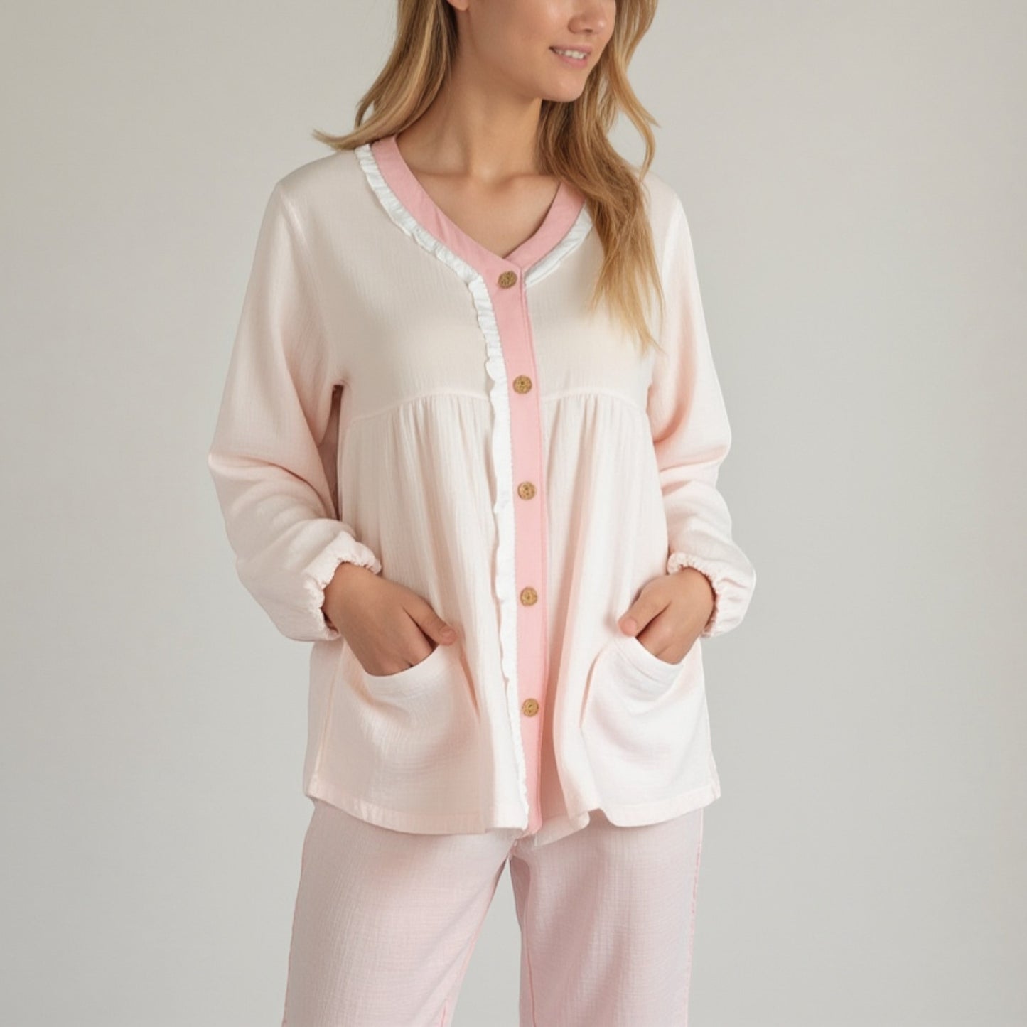 Anna-Kaci Lounge Women's Long Sleeve Button Up Pajama Set with Ruffle Trim and Front Patch Pockets