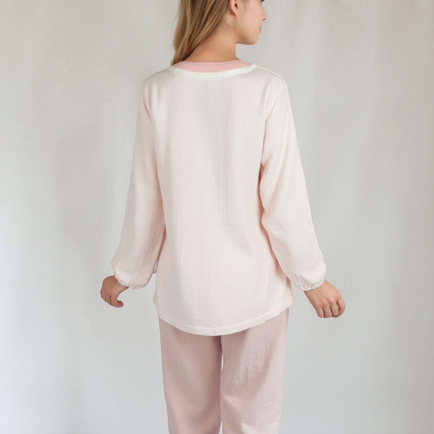 Anna-Kaci Lounge Women's Long Sleeve Button Up Pajama Set with Ruffle Trim and Front Patch Pockets