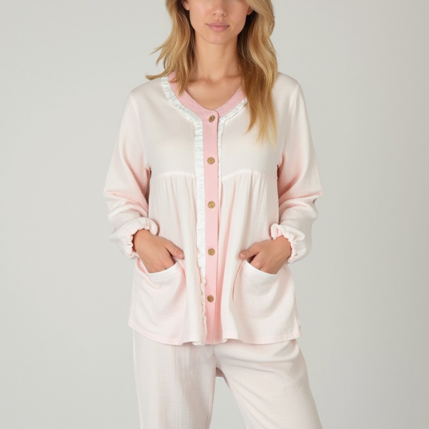 Anna-Kaci Lounge Women's Long Sleeve Button Up Pajama Set with Ruffle Trim and Front Patch Pockets