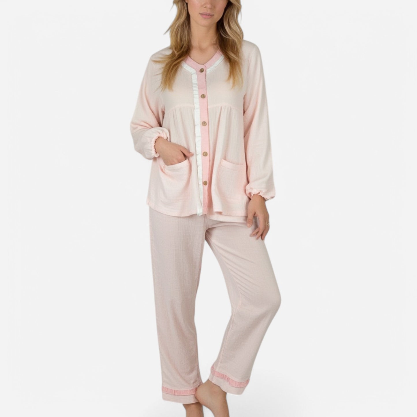 Anna-Kaci Lounge Women's Long Sleeve Button Up Pajama Set with Ruffle Trim and Front Patch Pockets