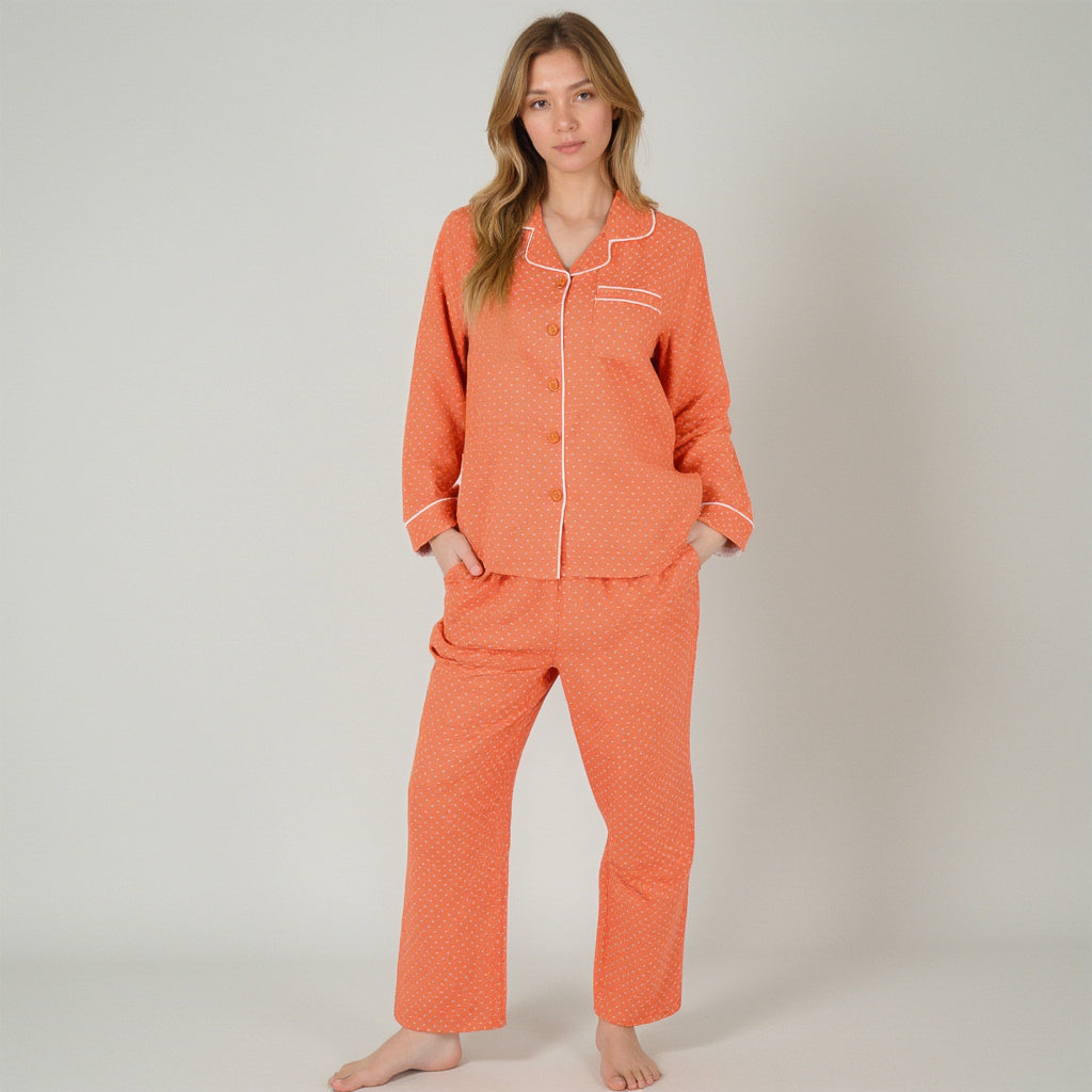Anna-Kaci Women's Polka Dot Pajama Set with Long Sleeve Button-Up Top Contrast Piping and Relaxed Fit Matching Pants