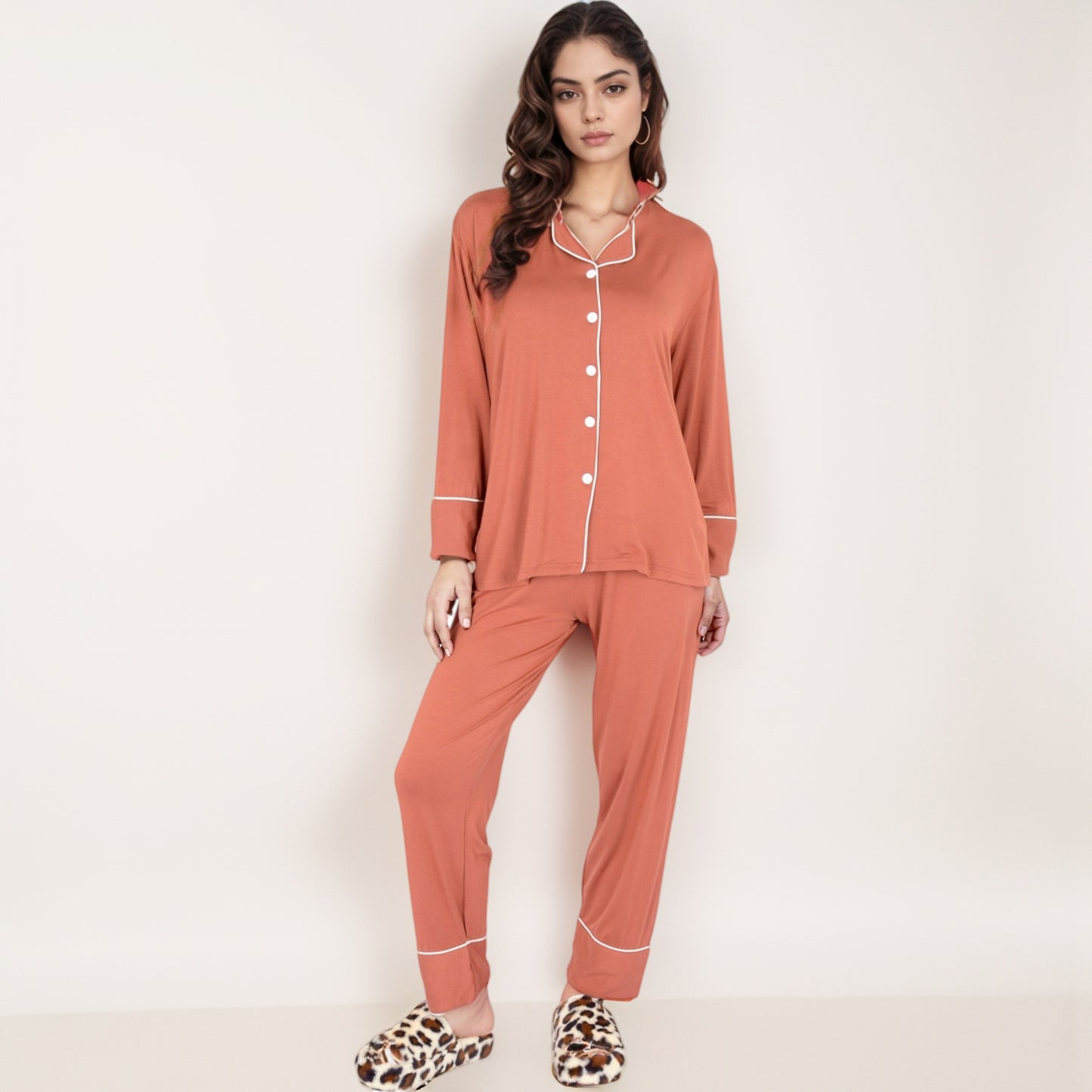 Anna-Kaci Lounge Women's Long Sleeve Button Front Pajama Set with Contrast Piping Trim