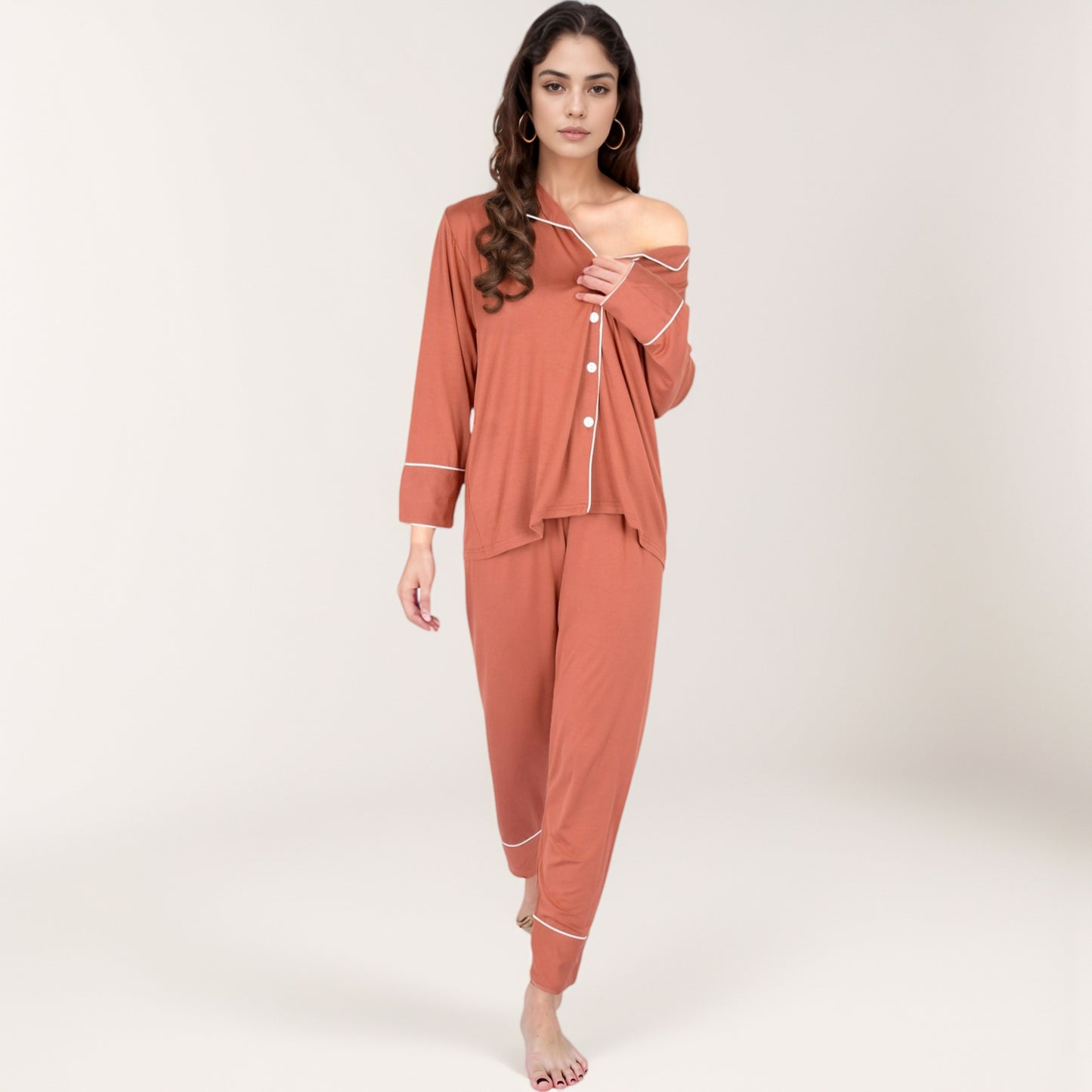 Anna-Kaci Lounge Women's Long Sleeve Button Front Pajama Set with Contrast Piping Trim