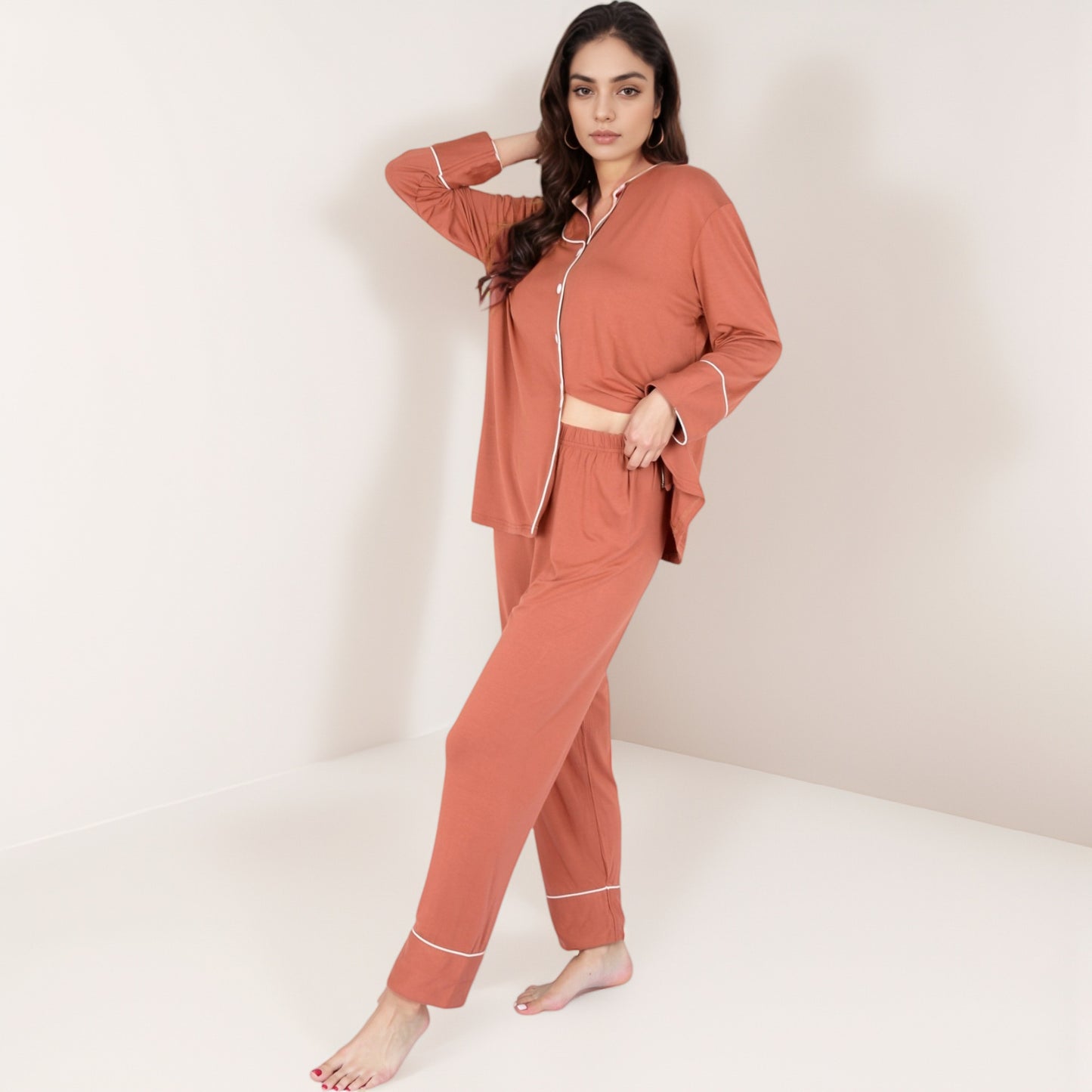 Anna-Kaci Lounge Women's Long Sleeve Button Front Pajama Set with Contrast Piping Trim