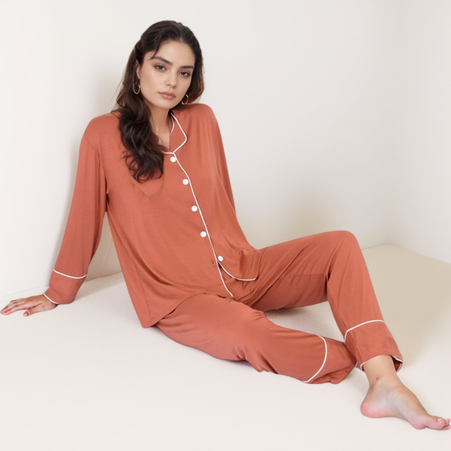 Anna-Kaci Lounge Women's Long Sleeve Button Front Pajama Set with Contrast Piping Trim