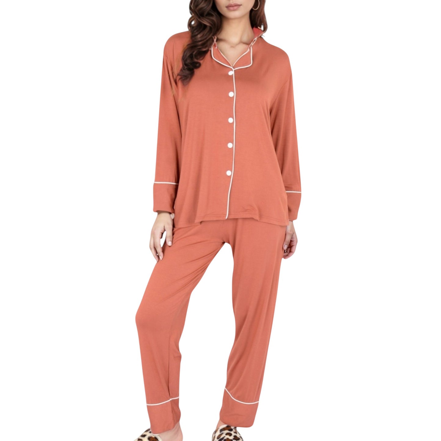 Anna-Kaci Lounge Women's Long Sleeve Button Front Pajama Set with Contrast Piping Trim