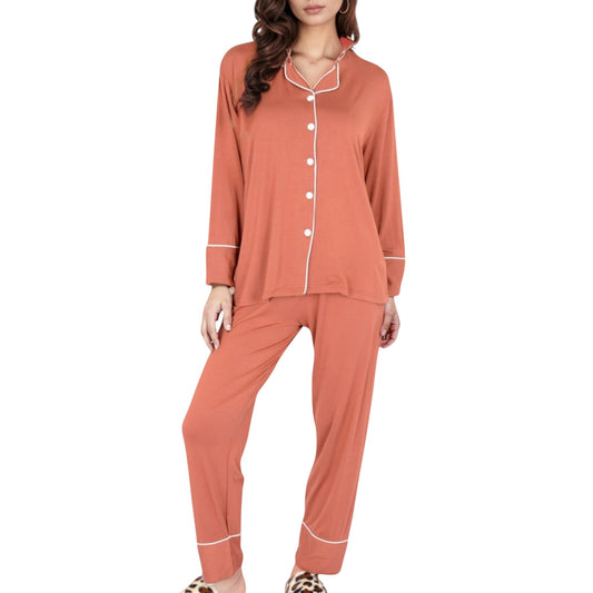 Anna-Kaci Lounge Women's Long Sleeve Button Front Pajama Set with Contrast Piping Trim