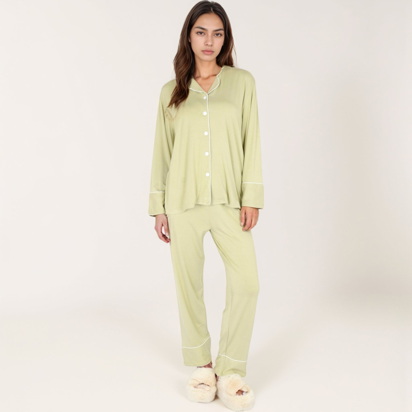Anna-Kaci Lounge Women's Long Sleeve Button Front Pajama Set with Contrast Piping Trim