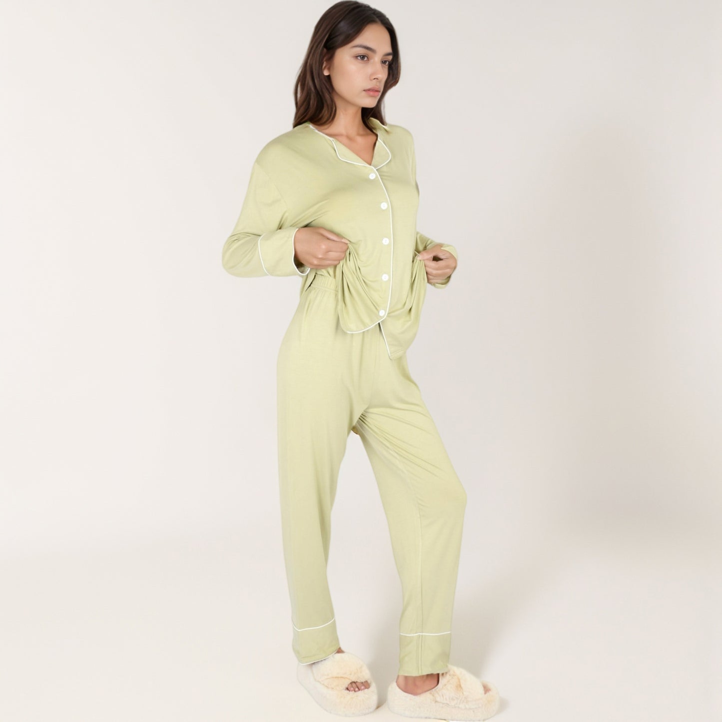 Anna-Kaci Lounge Women's Long Sleeve Button Front Pajama Set with Contrast Piping Trim