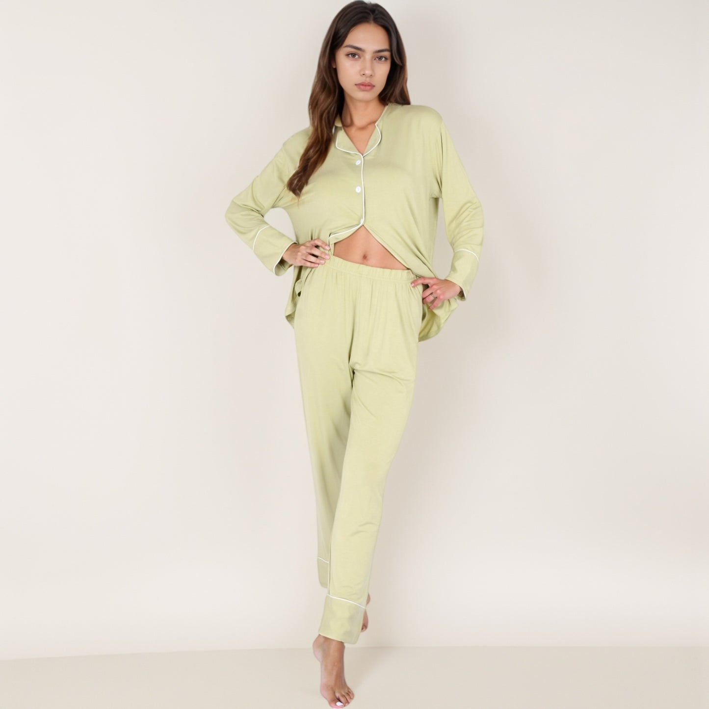 Anna-Kaci Lounge Women's Long Sleeve Button Front Pajama Set with Contrast Piping Trim