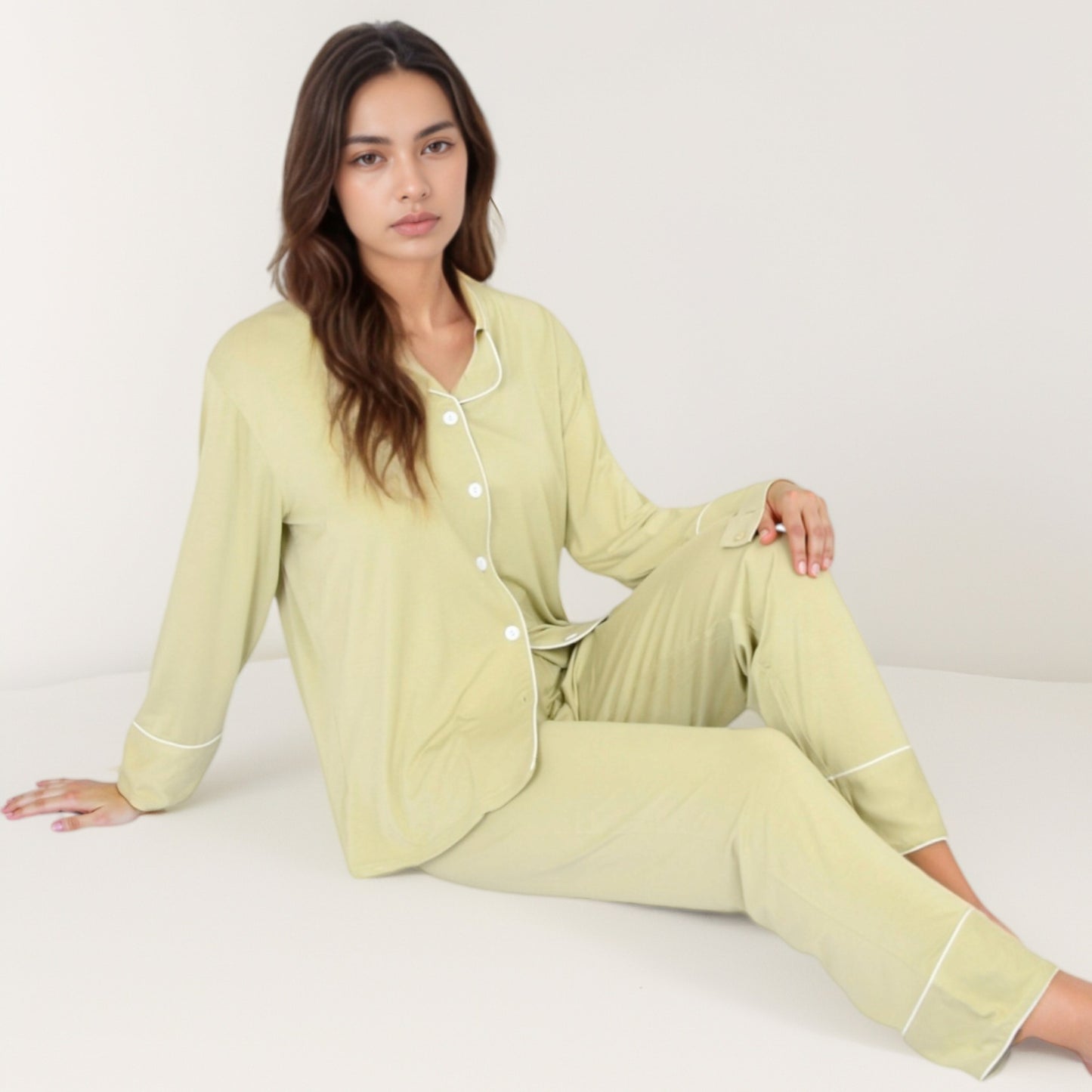 Anna-Kaci Lounge Women's Long Sleeve Button Front Pajama Set with Contrast Piping Trim