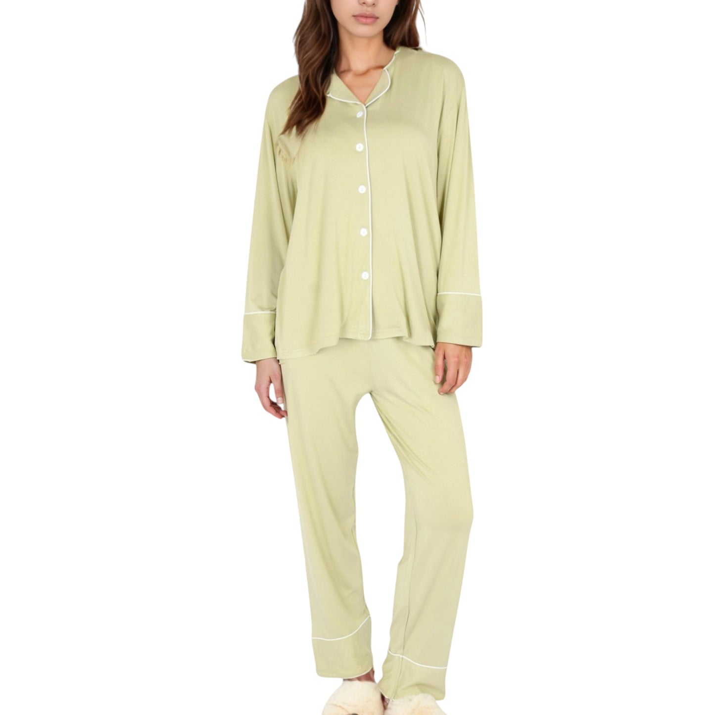 Anna-Kaci Lounge Women's Long Sleeve Button Front Pajama Set with Contrast Piping Trim