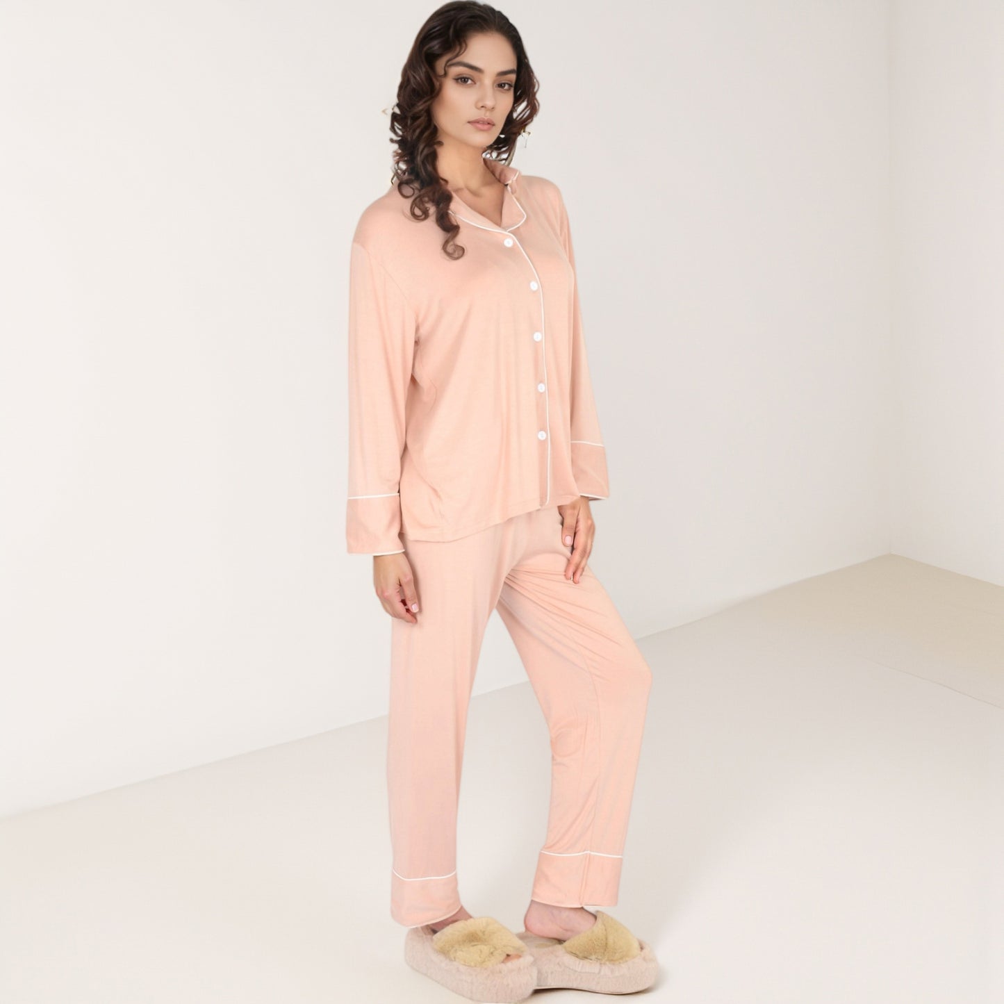 Anna-Kaci Lounge Women's Long Sleeve Button Front Pajama Set with Contrast Piping Trim