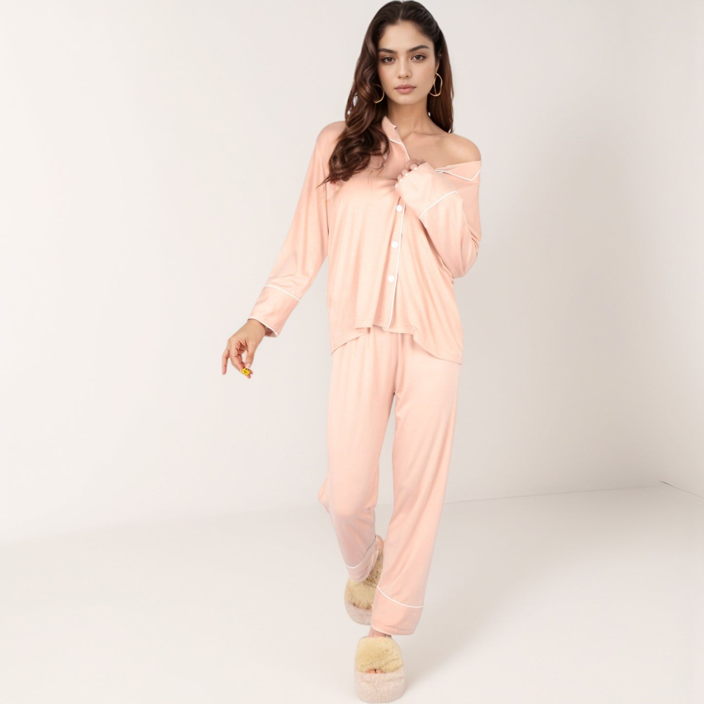 Anna-Kaci Lounge Women's Long Sleeve Button Front Pajama Set with Contrast Piping Trim