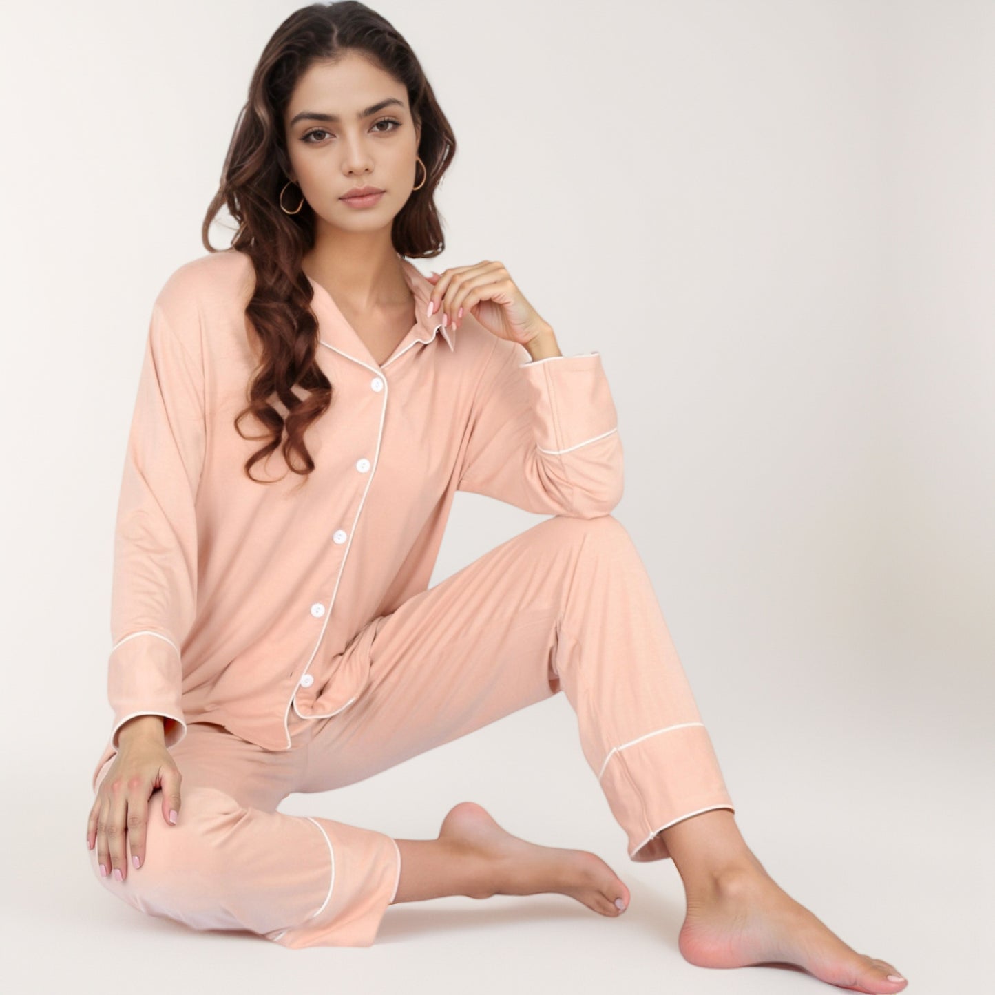Anna-Kaci Lounge Women's Long Sleeve Button Front Pajama Set with Contrast Piping Trim