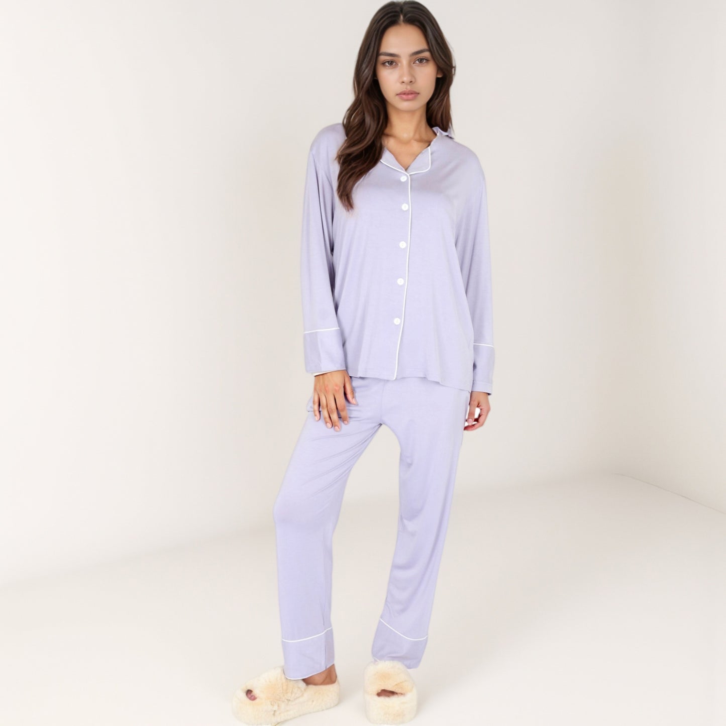 Anna-Kaci Lounge Women's Long Sleeve Button Front Pajama Set with Contrast Piping Trim