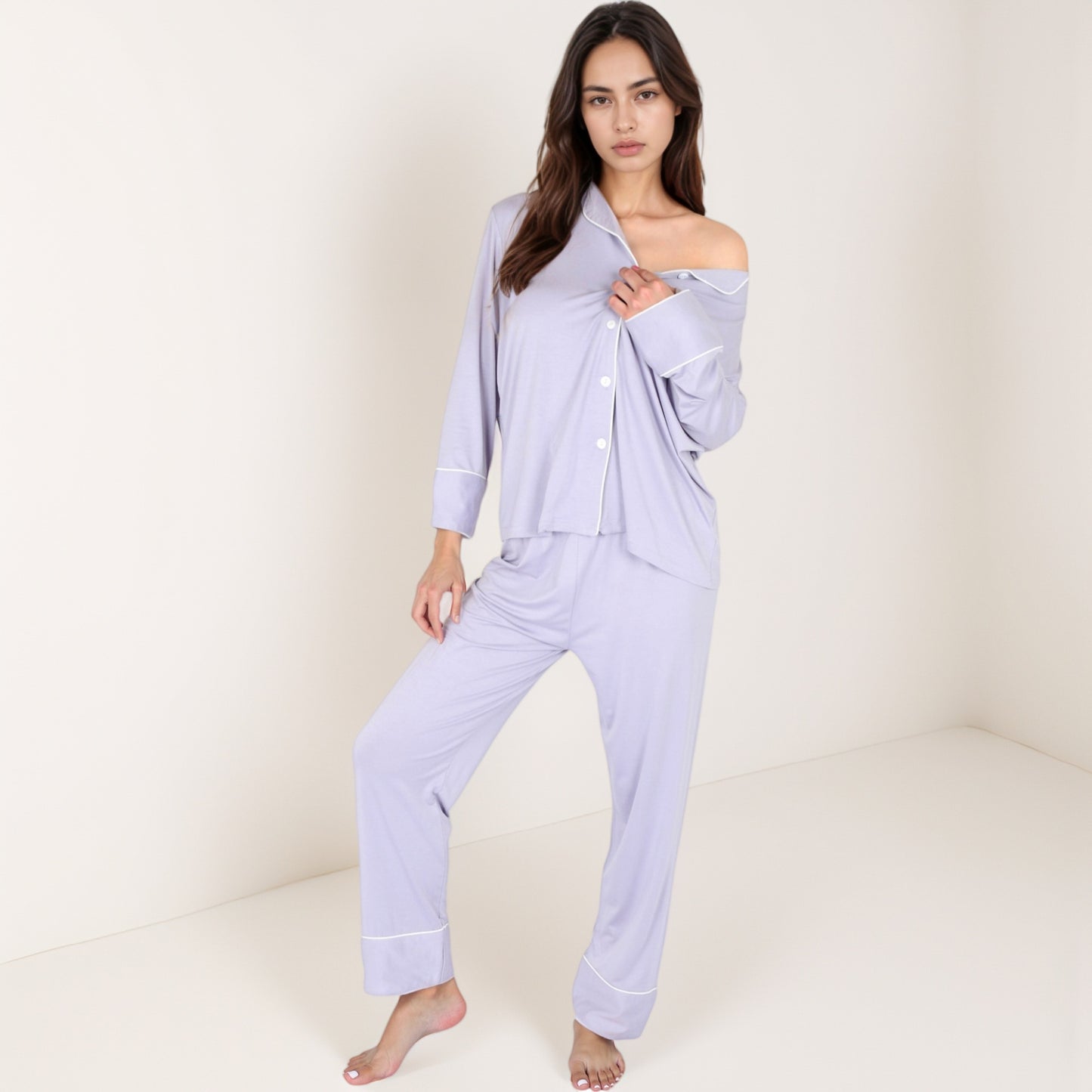 Anna-Kaci Lounge Women's Long Sleeve Button Front Pajama Set with Contrast Piping Trim