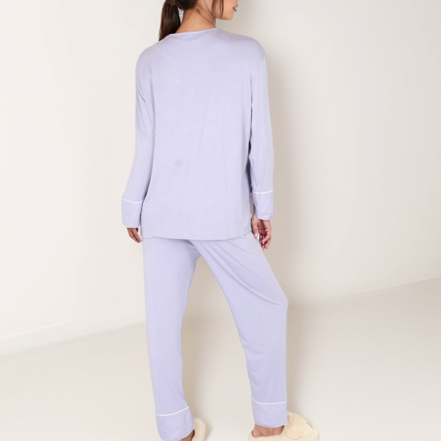 Anna-Kaci Lounge Women's Long Sleeve Button Front Pajama Set with Contrast Piping Trim