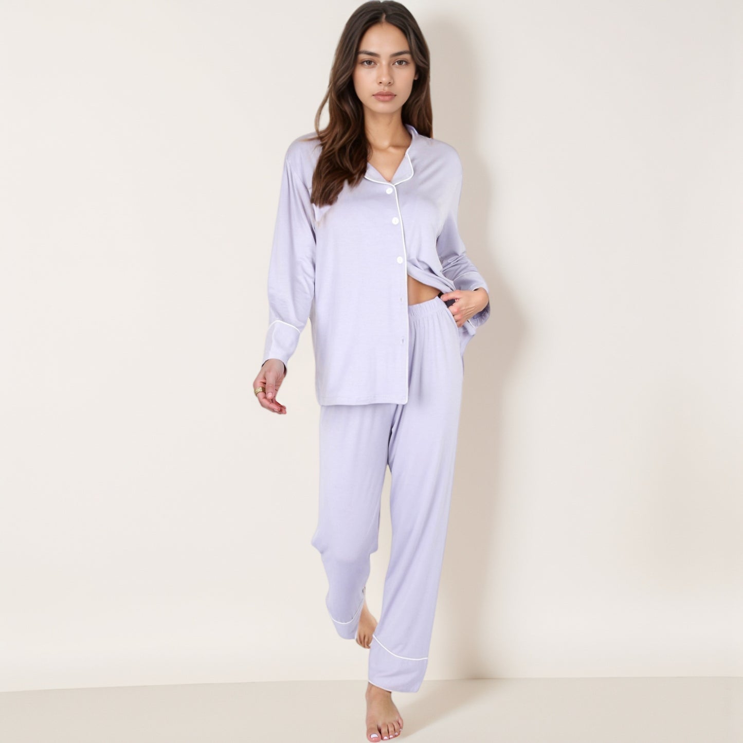 Anna-Kaci Lounge Women's Long Sleeve Button Front Pajama Set with Contrast Piping Trim