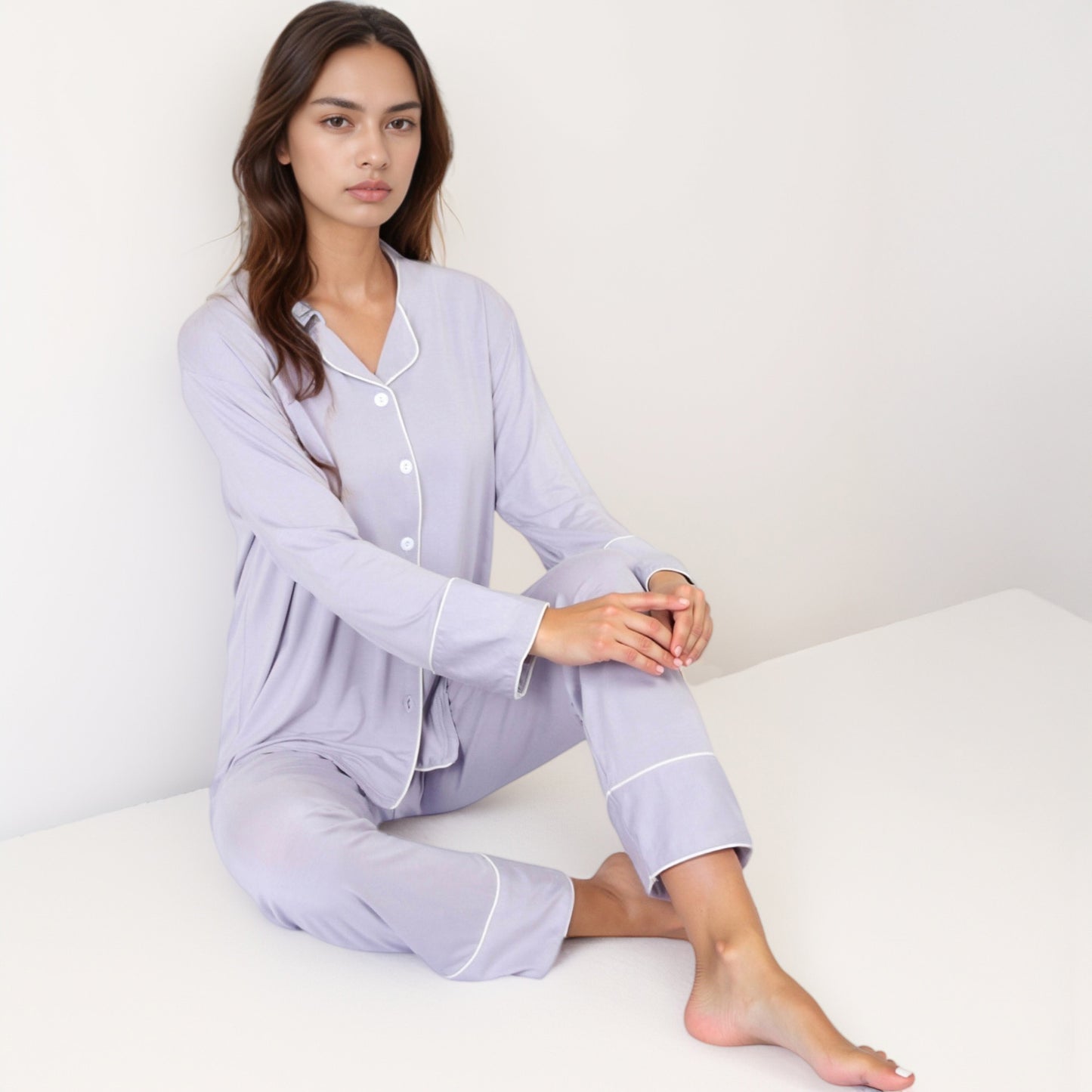 Anna-Kaci Lounge Women's Long Sleeve Button Front Pajama Set with Contrast Piping Trim