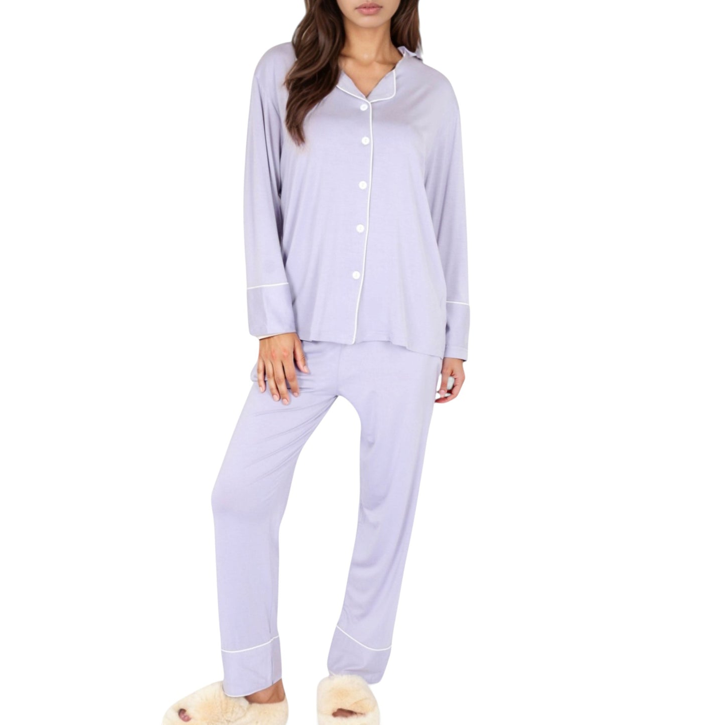 Anna-Kaci Lounge Women's Long Sleeve Button Front Pajama Set with Contrast Piping Trim