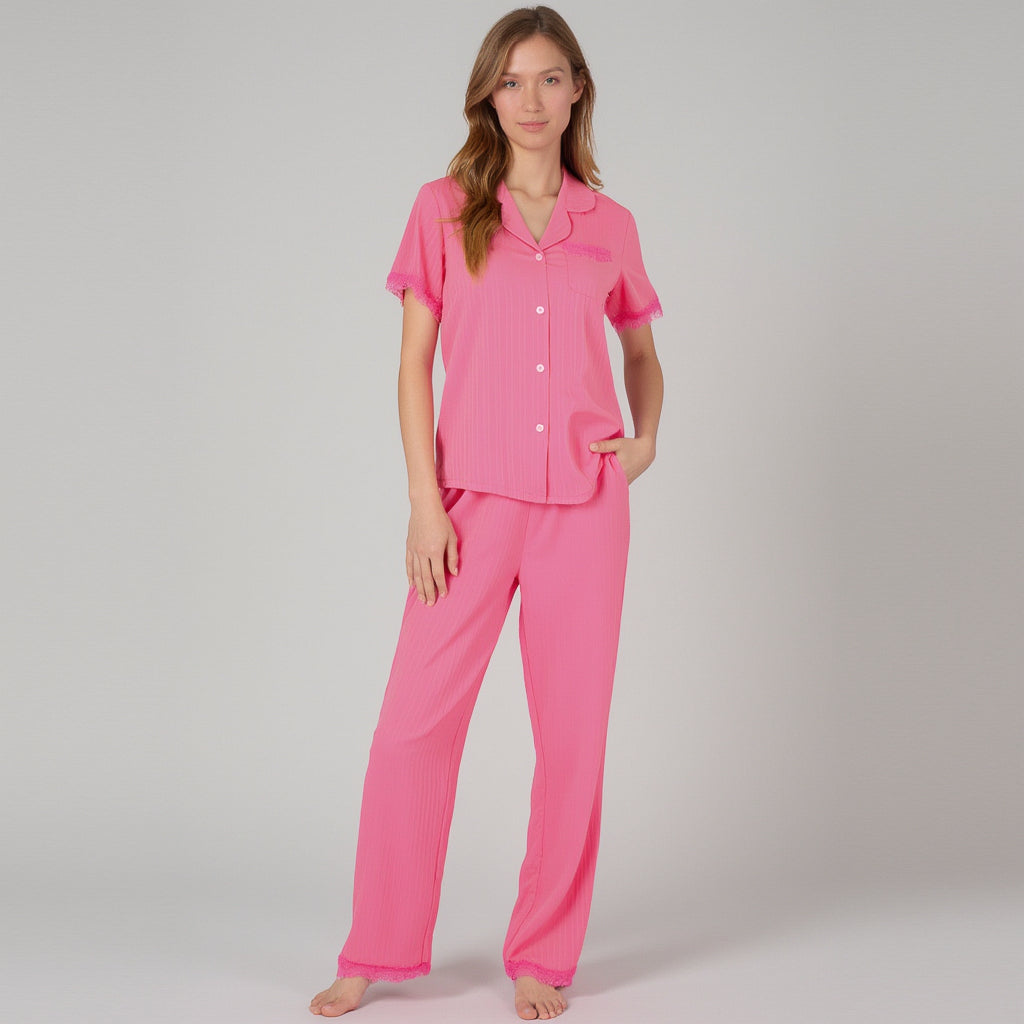 Anna-Kaci Women's Short Sleeve Pajama Set with Button-Up Top Lace Trim Sleeves Chest Pocket and Relaxed Fit Lounge Pants