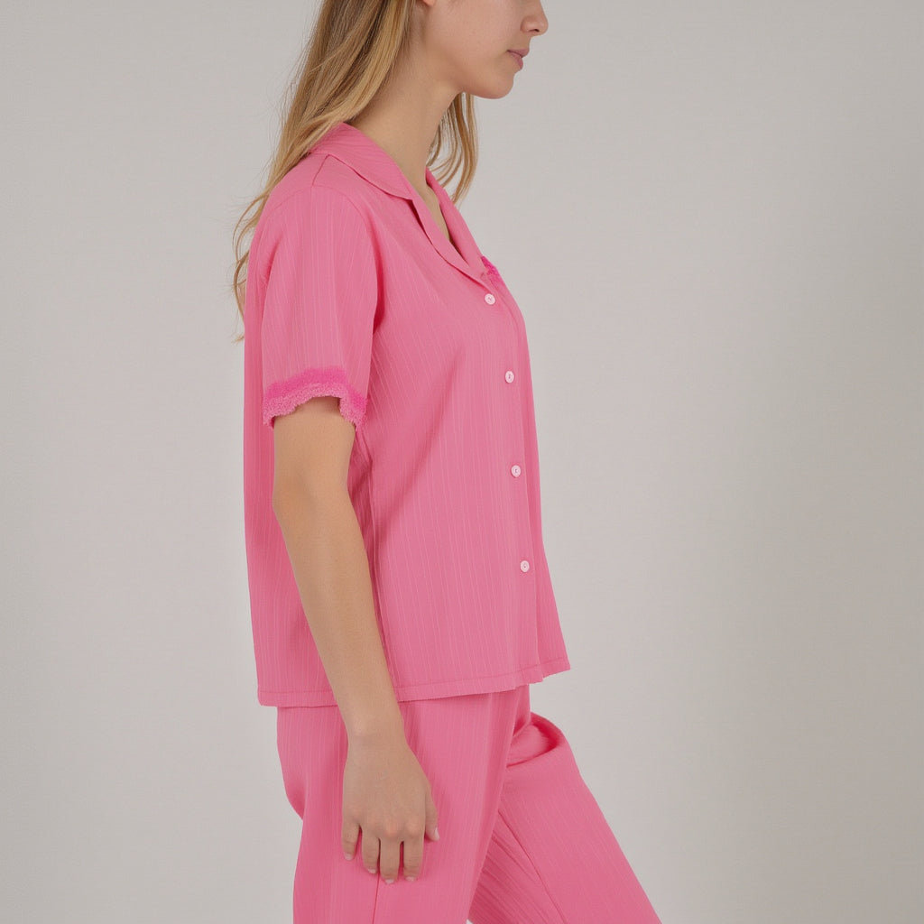 Anna-Kaci Women's Short Sleeve Pajama Set with Button-Up Top Lace Trim Sleeves Chest Pocket and Relaxed Fit Lounge Pants