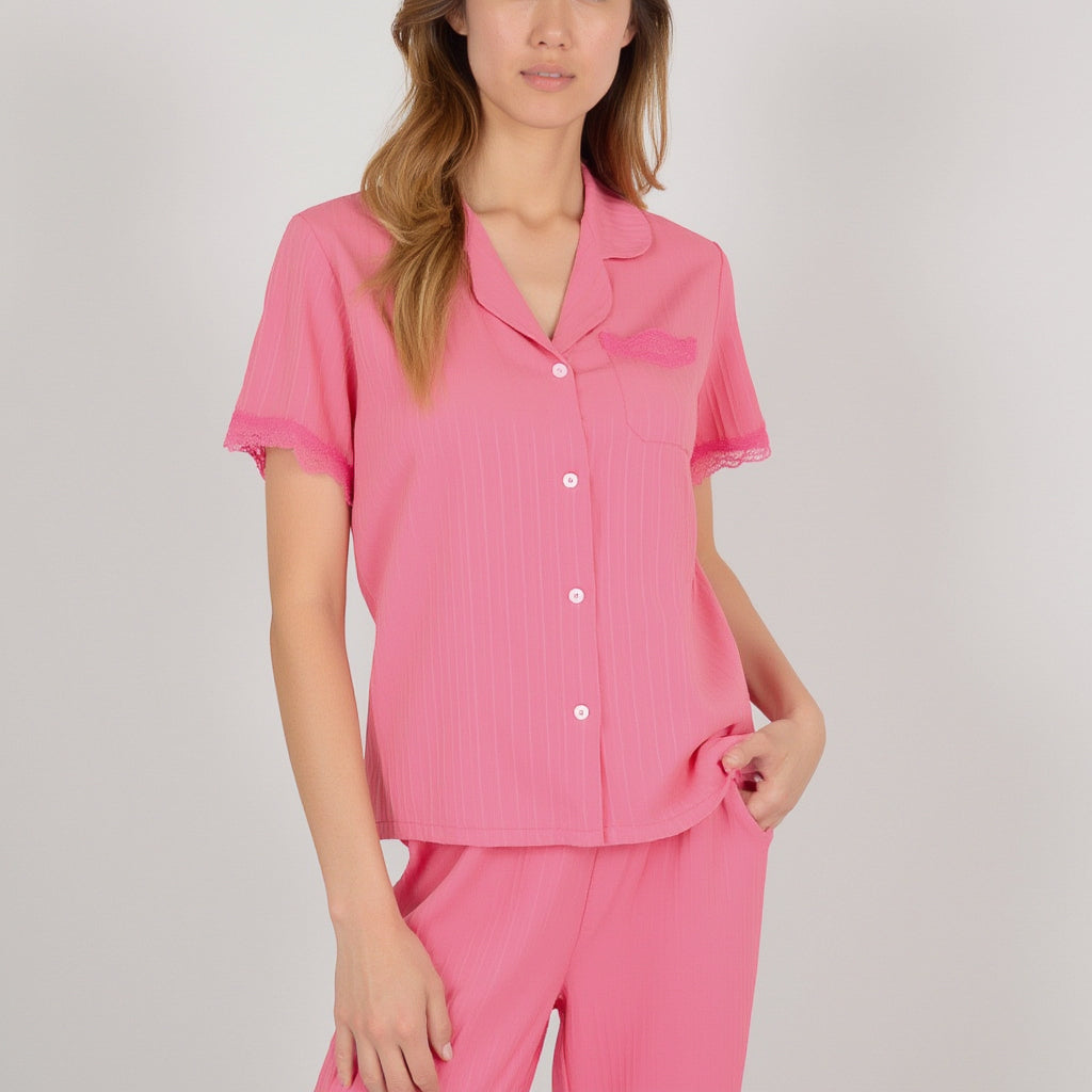 Anna-Kaci Women's Short Sleeve Pajama Set with Button-Up Top Lace Trim Sleeves Chest Pocket and Relaxed Fit Lounge Pants