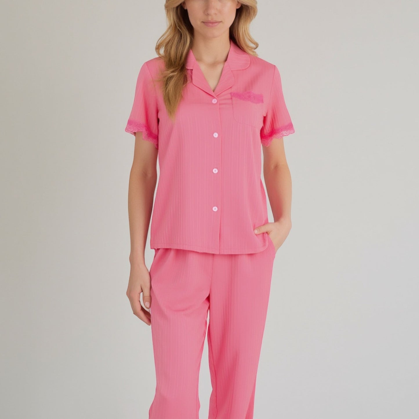 Anna-Kaci Women's Short Sleeve Pajama Set with Button-Up Top Lace Trim Sleeves Chest Pocket and Relaxed Fit Lounge Pants