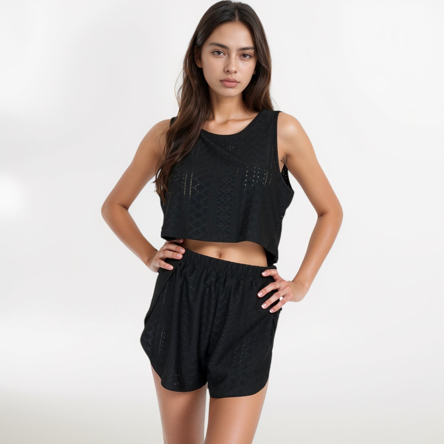 Anna-Kaci Women's Eyelet Tank and Lounge Shorts Set with Elastic Waist and Relaxed Cropped Fit