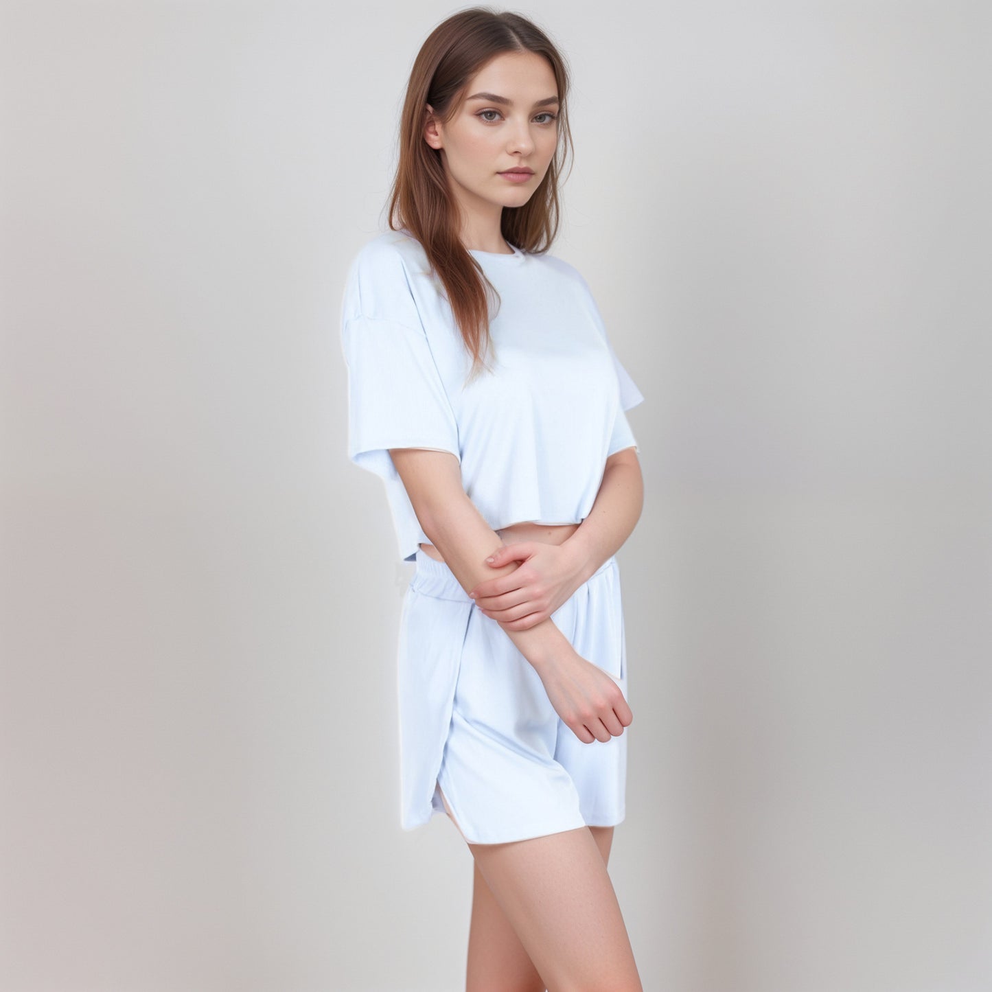 Anna-Kaci Women's Ribbed Pajama Set with Cropped Short Sleeve Top Crew Neckline and Elastic Waist Lounge Shorts