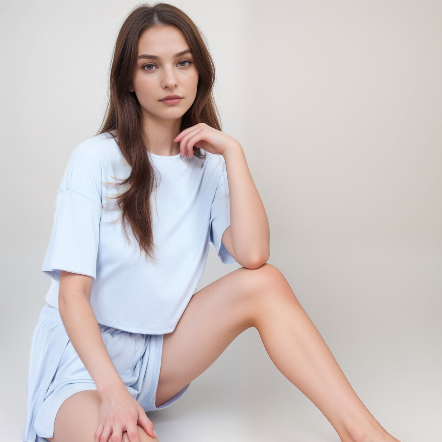 Anna-Kaci Women's Ribbed Pajama Set with Cropped Short Sleeve Top Crew Neckline and Elastic Waist Lounge Shorts