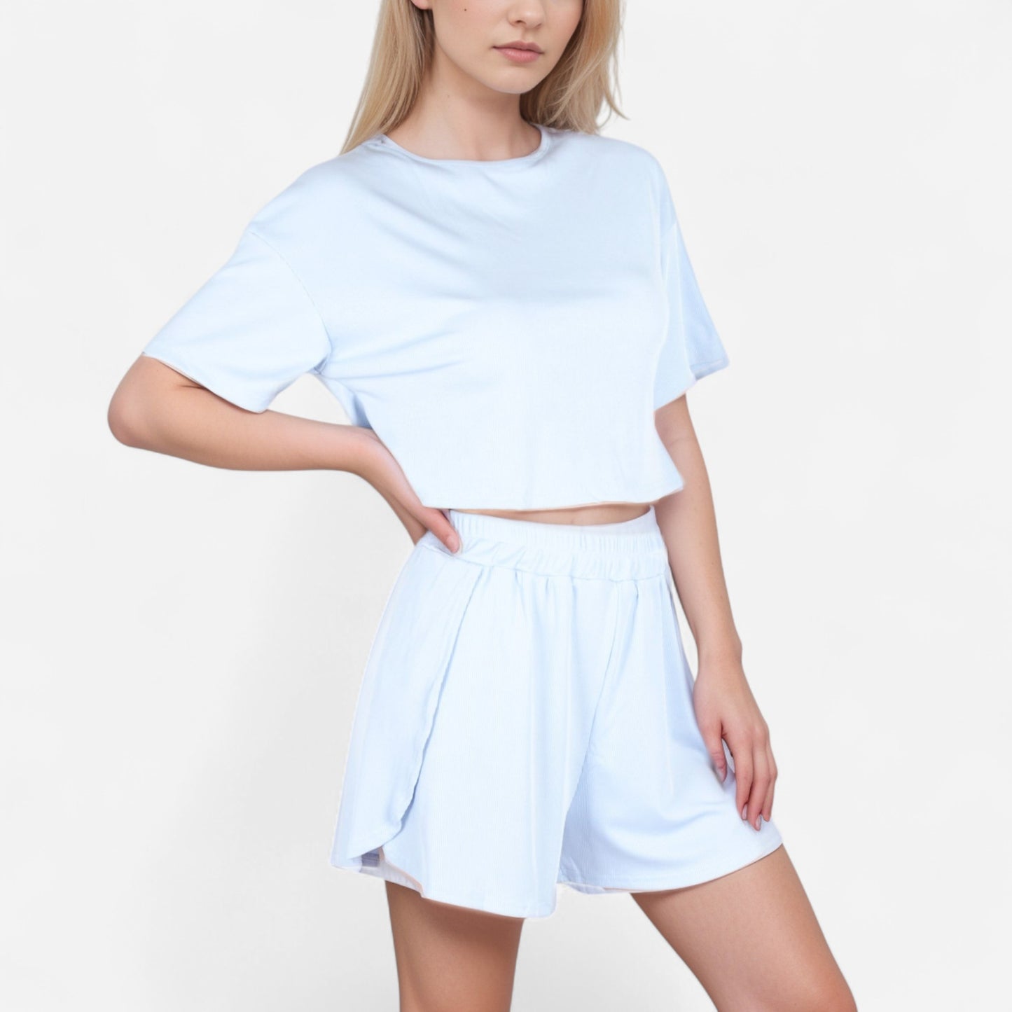 Anna-Kaci Women's Ribbed Pajama Set with Cropped Short Sleeve Top Crew Neckline and Elastic Waist Lounge Shorts