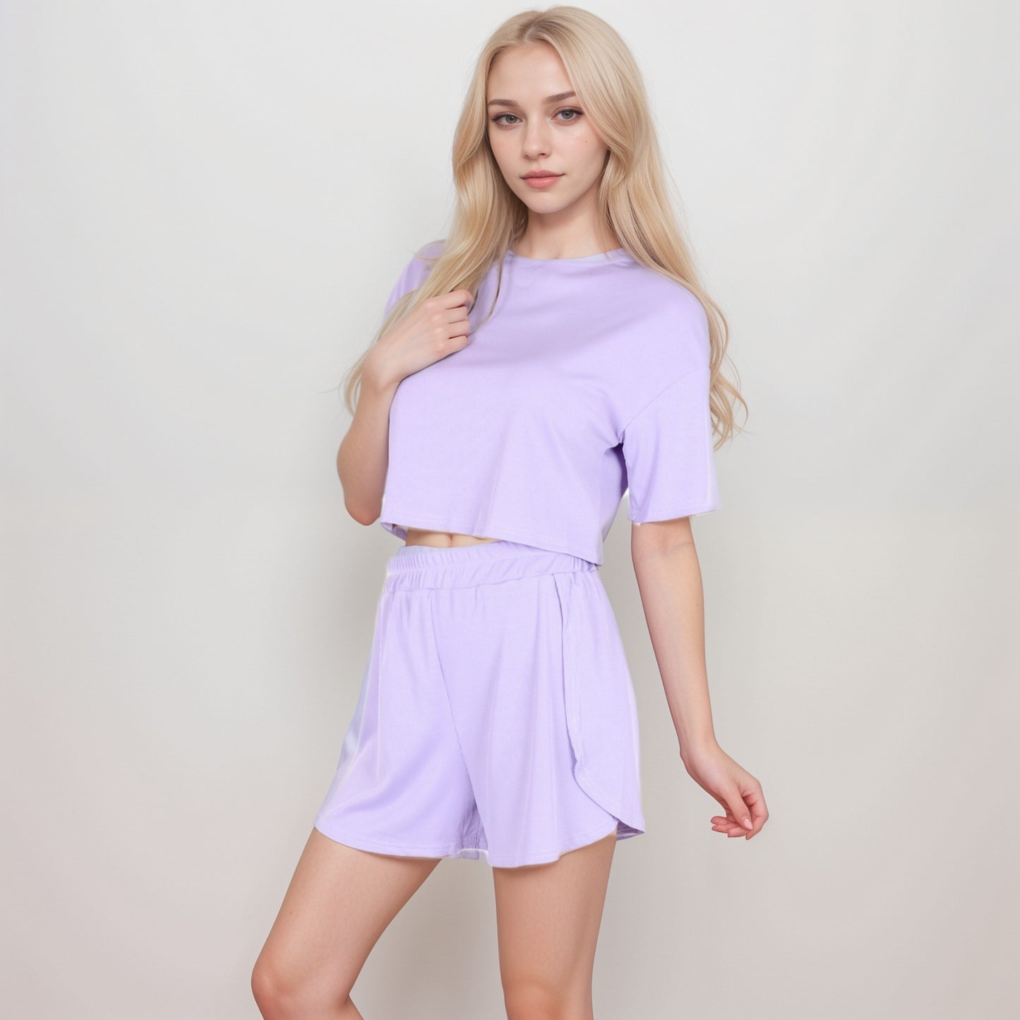 Anna-Kaci Women's Ribbed Pajama Set with Cropped Short Sleeve Top Crew Neckline and Elastic Waist Lounge Shorts
