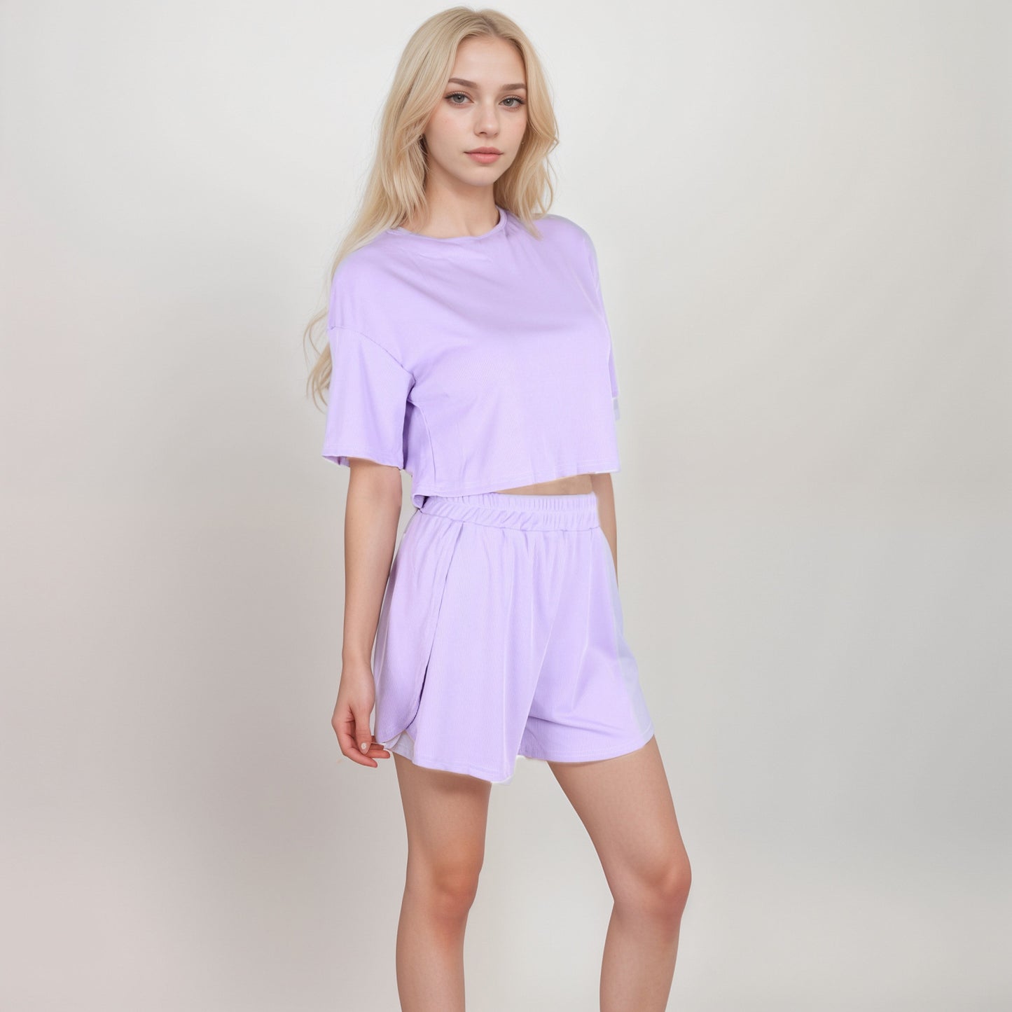 Anna-Kaci Women's Ribbed Pajama Set with Cropped Short Sleeve Top Crew Neckline and Elastic Waist Lounge Shorts