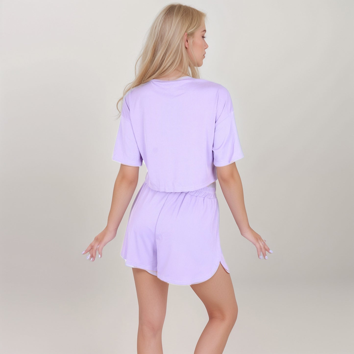 Anna-Kaci Women's Ribbed Pajama Set with Cropped Short Sleeve Top Crew Neckline and Elastic Waist Lounge Shorts