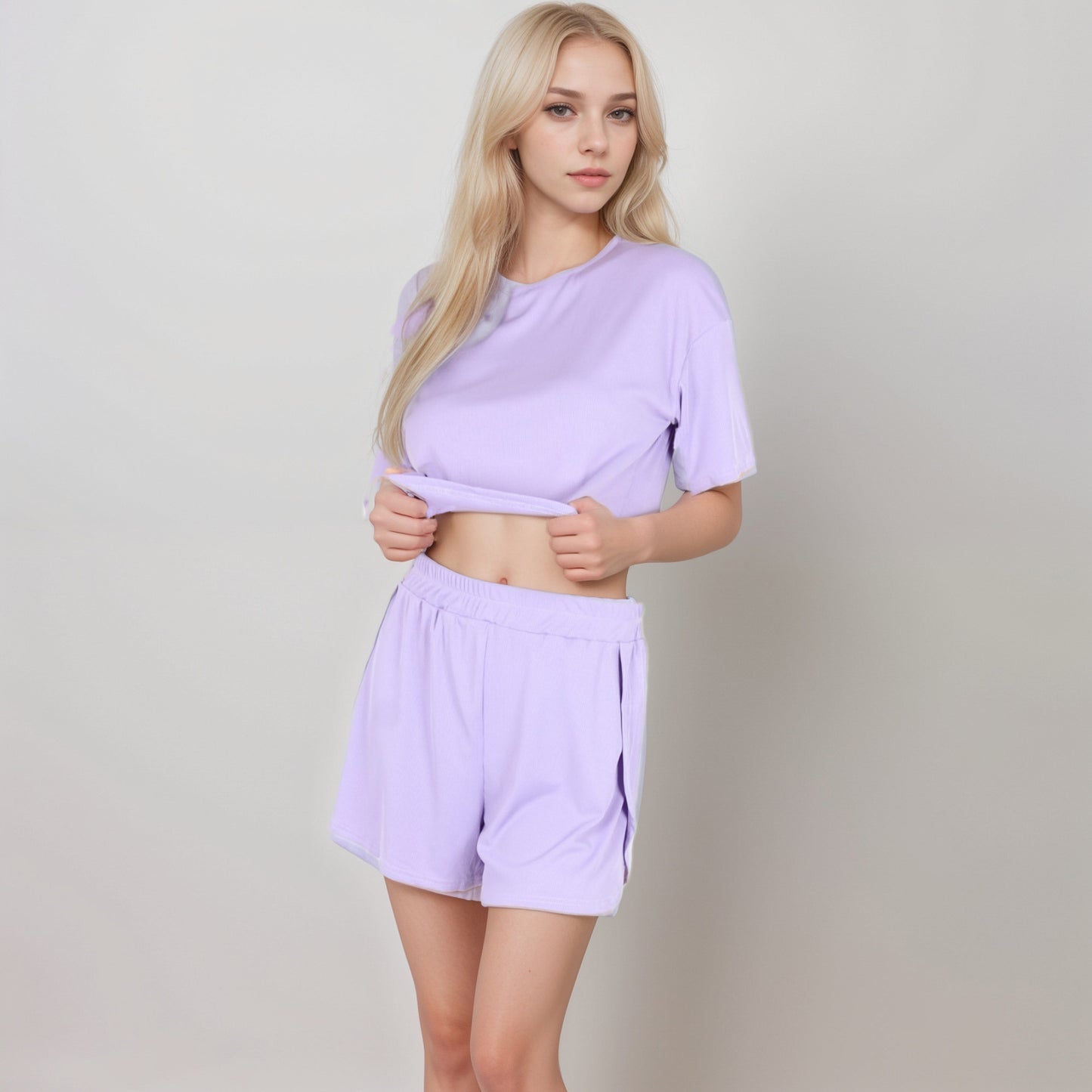 Anna-Kaci Women's Ribbed Pajama Set with Cropped Short Sleeve Top Crew Neckline and Elastic Waist Lounge Shorts