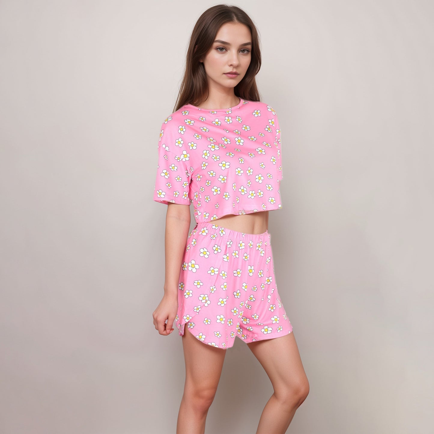 Anna-Kaci Women's Daisy Print Pajama Set with Cropped Short Sleeve Top Crew Neckline and Elastic Waist Relaxed Fit Shorts